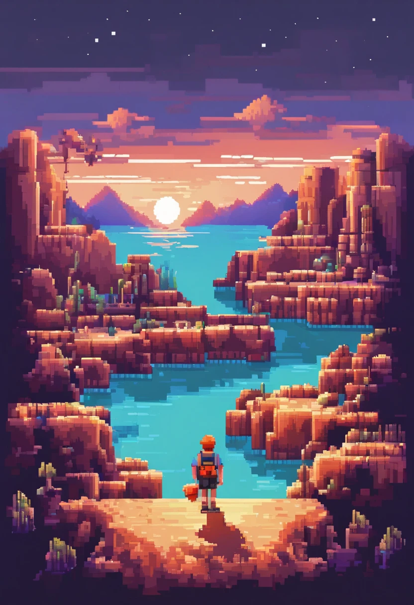 Pixel art tourist landscape. evening. 3D pixel art 4K wallpaper. Incredible pixel art details. Pixel art. steam wave. Detailed Unreal Engine pixel art