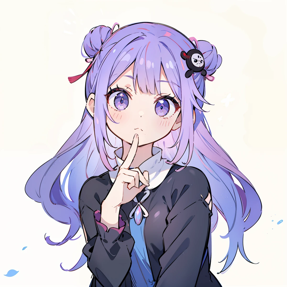 1 girl in、top-quality、masutepiece、Light purple hair、Longhaire、half up、((2 loaves on the sides of the head))、Reddish-purple eyes、Delicate eyes、cute little、Works next to the head、Front corner、🤫Pose of、((put index finger on mouth))、((One piece mixed with black and white:1.2))、Lori、[[[[broken fingers]]]]