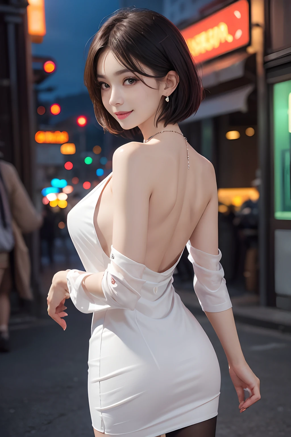 Pubic hair grows、Smile full of happiness、((:1.3))、During hard sex、、Panting face、Lacking、After being attacked、Sweating、Expression in a state of excitement、short-hair、eye glass、((Lower body naked:1.1))、((1 beautiful girl)), 8K, masutepiece, Raw photo, Best Quality, detail:1.2),Photorealistic, the Extremely Detailed CG Unity 8K Wallpapers, depth of fields, Cinematic Light, Lens Flare, Ray tracing,
(Extremely beautiful face, Beautiful lips, Beautiful eyes), intricate detail face, ((Ultra detailed skin)) 1girll, In the Dark, deepshadow,
Pretty Korean girl, Kpop Idol,(very slim and slender muscular body:1.3), ((view the viewer)),(Big smile), (bodycon minidress),(Pink dress), (Injection sleeve) , (City Night, (Neon Light Sign), (Night), Pretty Korean girl, earrings, bangle, Necklace, pantyhose, Clear eyes, Walking , (pale skin), Face forward, (Big eyes), ((upperbody shot)), tight dresses, Silk dress , turn back, Back shot, Very slim, slander