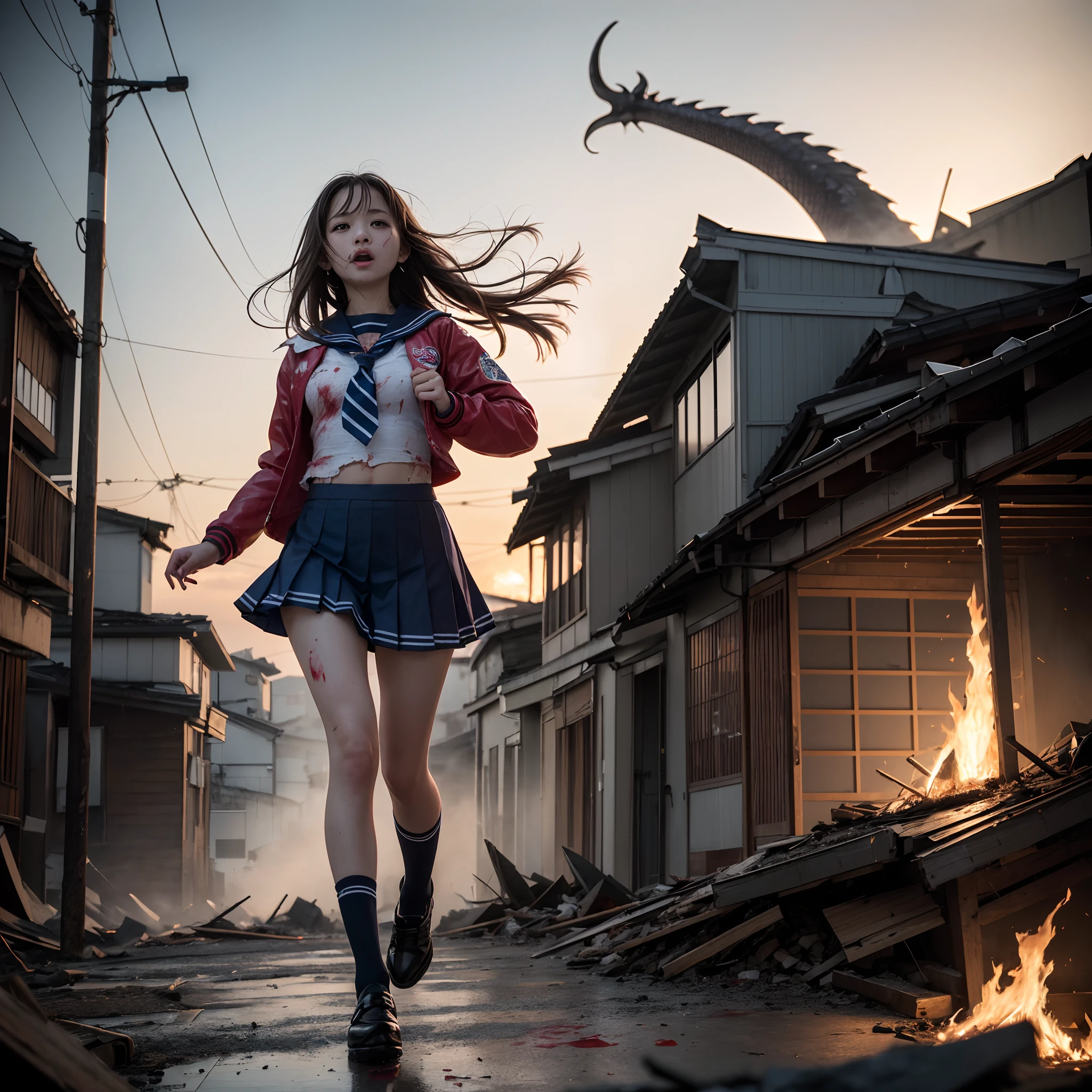 (in 8K、RAW Photos、top-quality、​masterpiece:1.2)、(realisitic、Photorealsitic:1.37)、ultra-detailliert、超A high resolution、Giant Dragon、Beautiful 15-year-old high school girl in Japan attacked by a giant dragon in devastated Tokyo、terrified expression、School Uniforms、Schoolgirl Uniform、(Torn and dirty tattered sailor suit:1.2)、disheveled clothing、ripped fabric、(Clothes with blood stains:1.2)、Short pleated skirt、(Torn skirt:1.2)、Dirty hair、smudged face、(skin stained with blood and dust:1.2)、Running through the rubble、building crumbling、Burning flame、stunningly beautiful face、dynamic ungle、动态照明