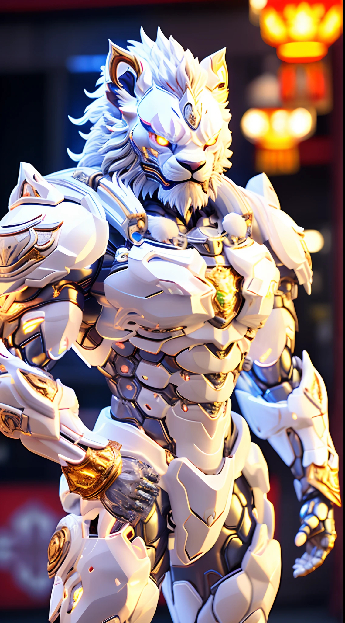 CHINESE WHITE LION, LION HEAD, HEAVY CRYSTAL ARMOR, TRANSPARANT, MUSCLE BODY.
