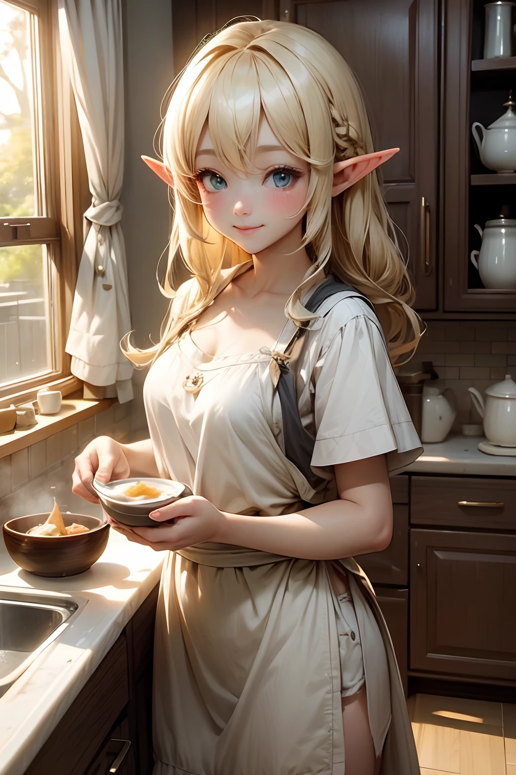 Early morning at home、very young elf girl making breakfast in the kitchen、Beautuful Women、smil、blond hair、