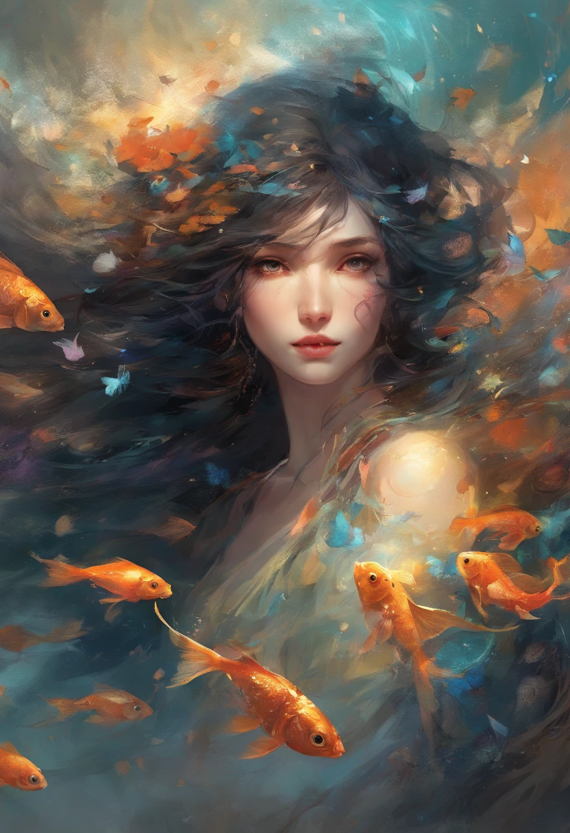 Perfect centering, Fantastic black goldfish, cheerfulness, Standing position, Abstract beauty, Centered, Looking at the camera, Facing the camera, Approaching perfection, Dynamic, Highly detailed, Smooth, Sharp Focus, 8K, hight resolution, Illustration, art by carne griffiths and wadim kashin, Goldfish character