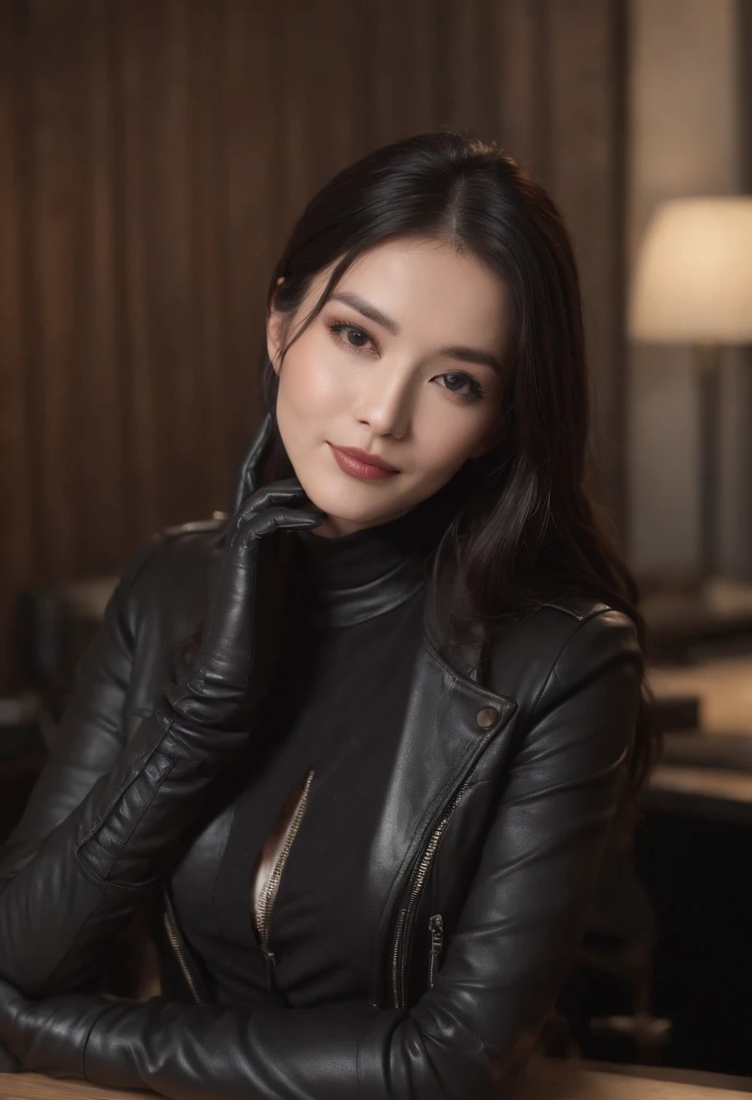 Wearing black leather gloves on both hands Upper body Black leather rider jacket Black leather skinny pants Black leather long boots Necklace on chest Smiling at modern study desk in the dark, Young Japan woman with long straight black hair (Black leather gloves cover both hands) With fingers in black leather gloves, Sitting in a leather chair, Working at a computer, Staring at the screen