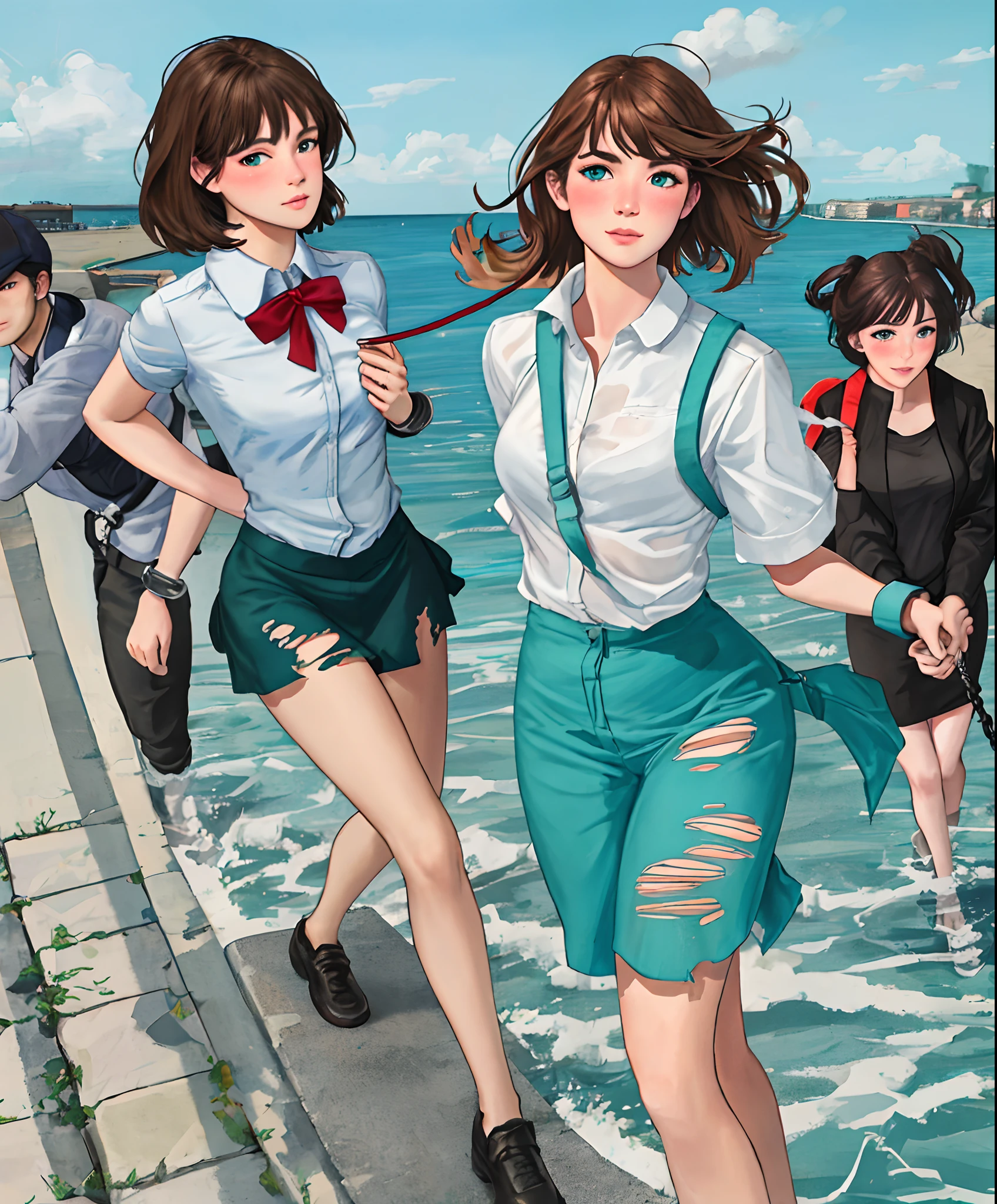 masterpiece, best quality, day, in summer, over the sea, realistic, 3girls, medium hair, brown hair, breasts out, looking at viewer, blush, aqua eyes, breasts, medium breasts, mole on breast, no bra, torn pantyhose, uwabaki, handcuffs, leg_lift, grabbing another's hair, arms behind back , small_, leash, pubic_hair, , peeing, public, tally,