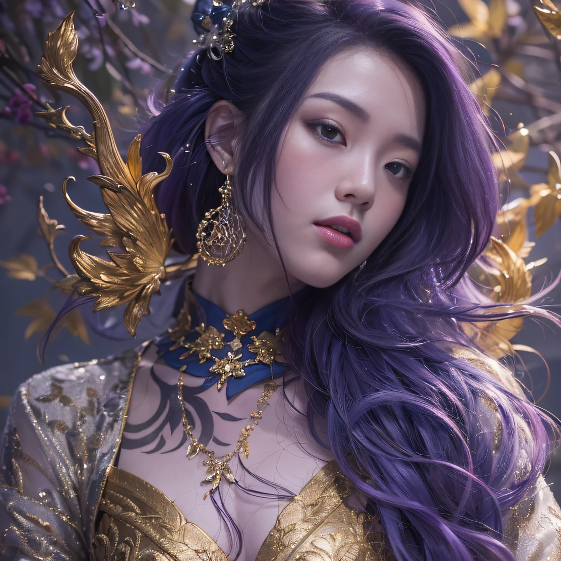 Genki Girl 32K（tmasterpiece，k hd，hyper HD，32K）Long flowing bright purple hair，Autumn Pond，zydink， a color， Asian people （Genki girl）， （Silk scarf）， Combat posture， looking at the ground， long whitr hair， Floating bright purple， Fire cloud pattern gold tiara， Chinese long-sleeved gold silk garment， （Abstract metaverse splash：1.2）， white backgrounid，Lotus vitality protector（realisticlying：1.4），Bright purple hair，Smoke on the road，The background is pure， A high resolution， the detail， RAW photogr， Sharp Re， Nikon D850 Film Stock Photo by Jefferies Lee 4 Kodak Portra 400 Camera F1.6 shots, Rich colors, ultra-realistic vivid textures, Dramatic lighting, Unreal Engine Art Station Trend, cinestir 800，A girl with long flowing bright purple hair