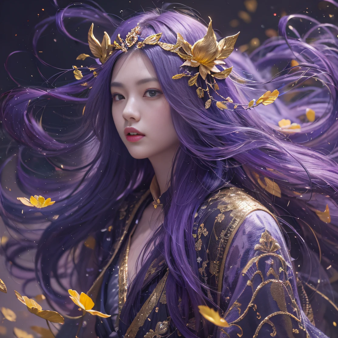 Genki Girl 32K（tmasterpiece，k hd，hyper HD，32K）Long flowing bright purple hair，Autumn Pond，zydink， a color， Asian people （Genki girl）， （Silk scarf）， Combat posture， looking at the ground， long whitr hair， Floating bright purple， Fire cloud pattern gold tiara， Chinese long-sleeved gold silk garment， （Abstract metaverse splash：1.2）， white backgrounid，Lotus vitality protector（realisticlying：1.4），Bright purple hair，Smoke on the road，The background is pure， A high resolution， the detail， RAW photogr， Sharp Re， Nikon D850 Film Stock Photo by Jefferies Lee 4 Kodak Portra 400 Camera F1.6 shots, Rich colors, ultra-realistic vivid textures, Dramatic lighting, Unreal Engine Art Station Trend, cinestir 800，A girl with long flowing bright purple hair