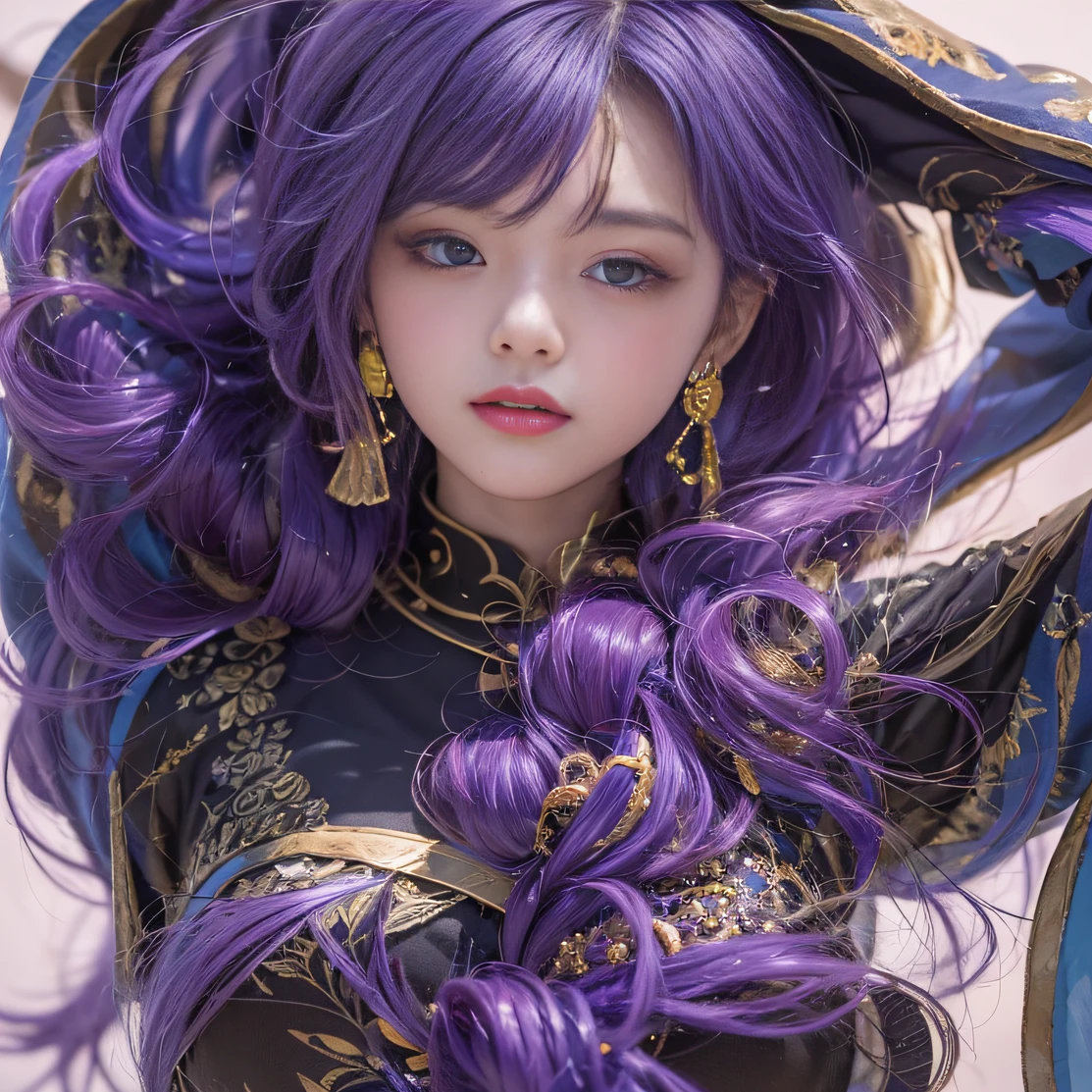 Genki Girl 32K（tmasterpiece，k hd，hyper HD，32K）Long flowing bright purple hair，Autumn Pond，zydink， a color， Asian people （Genki girl）， （Silk scarf）， Combat posture， looking at the ground， long whitr hair， Floating bright purple， Fire cloud pattern gold tiara， Chinese long-sleeved gold silk garment， （Abstract metaverse splash：1.2）， white backgrounid，Lotus vitality protector（realisticlying：1.4），Bright purple hair，Smoke on the road，The background is pure， A high resolution， the detail， RAW photogr， Sharp Re， Nikon D850 Film Stock Photo by Jefferies Lee 4 Kodak Portra 400 Camera F1.6 shots, Rich colors, ultra-realistic vivid textures, Dramatic lighting, Unreal Engine Art Station Trend, cinestir 800，A girl with long flowing bright purple hair