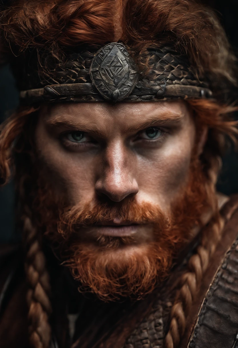 Red-haired man, Scars on the skin, Viking, Viking clothing, Strong, muscular, serious expression, RPG Art Style, fantasy art style