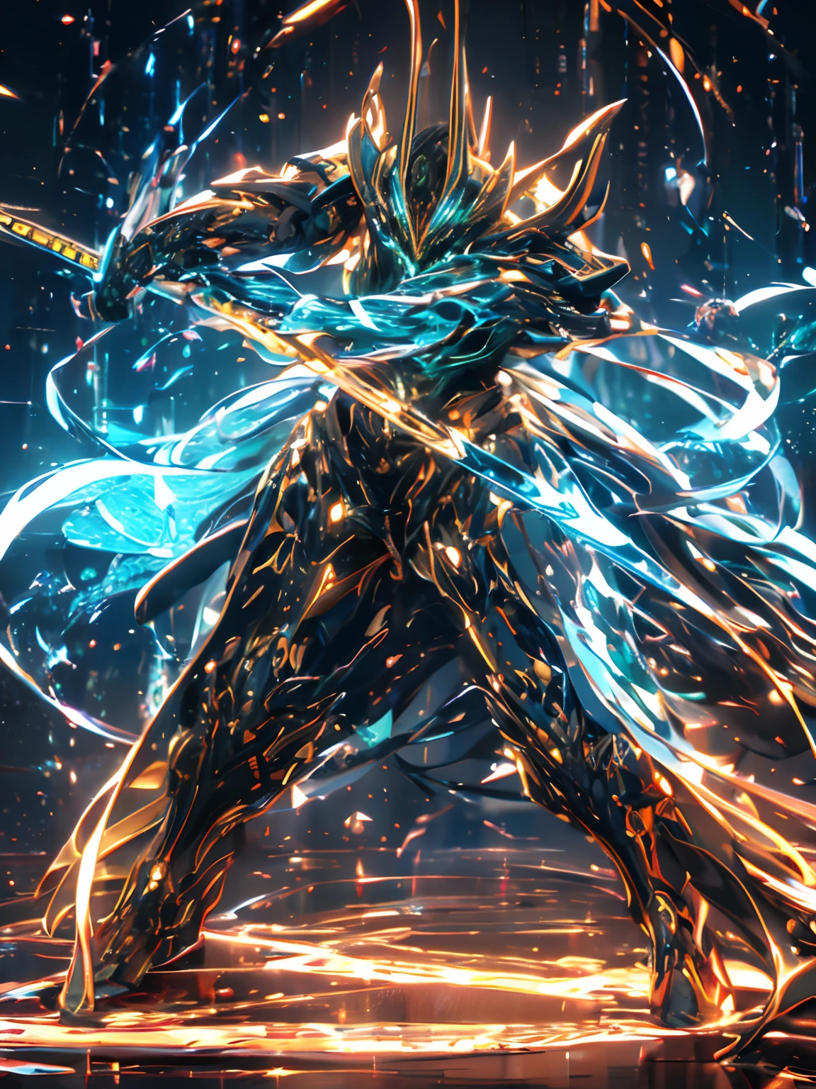masterpiece, best quality, (Realistic, Intricate details, Shiny, Reflective, Bioluminescent, cybersamurai, red-green armor), (assassin:1.2), Mech Knight, ((Guard Stance)), Halo, Elden Ring, (Attacking with symmetrical neon red sword:1.2, intricate details), Galaxy, GlowingRunes_red, fullbody, cinemnatic, dark background, backlight, high contrast,
