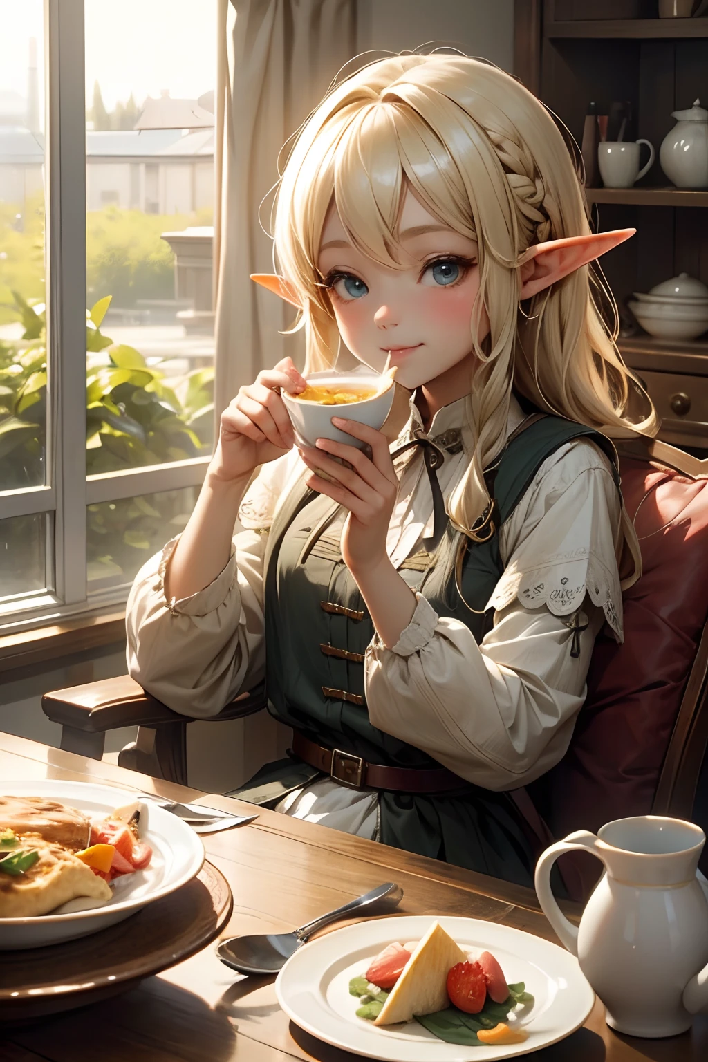 Early morning at home、a very young elf girl sitting on a chair eating breakfast、Beautuful Women、smil、blond hair、