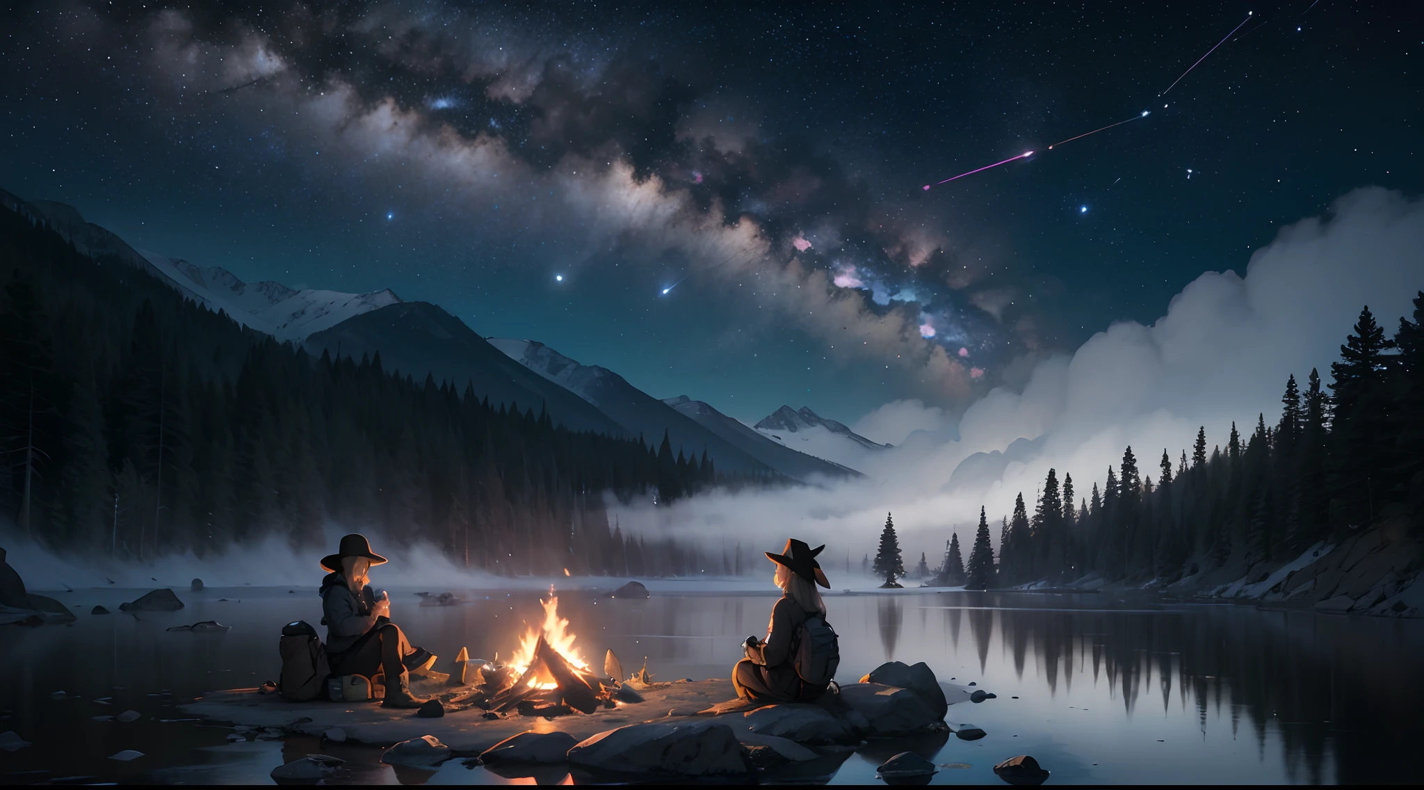 masutepiece, Best Quality, Ultra-detailed, Illustration, 1girl in, Solo, Outdoors, camping, Night, mountainscape, Nature, Stars, Moon, bonfire, teepee, twin ponytail, Green eyes, Cheerful, Happy, backpack, sleeping bag, Camping stove, water bottle, Mountain boots, gloves, Sweaters, hat, flash lights, forest, boulders, River, Wood, Smoke, shadowy, Contrasty, crystal clear skies, constellation, Milky way, peaceful, Serene, shush, tranquil, remote, secluded, Adventurous, exploration, escape, independence, survival, risk, challenge, perseverance, stamina, Endurance, observation, intuition, adaptability, Creativity, imagination, Artistry, inspiration, Beauty, awe, Wonder, Thanks, appreciation, Relaxation, enjoyment, rejuvenating, Mindfulness, consciousness, connectedness, harmony, Balance, Texture, detail, Realism, Depth, Perspective, Composition, Color, light, Shadow, reflection, refraction, Tone, Contrasty, Foreground, middle ground, Background, Naturalistic, Figurative, representational, impressionistic, Expressionism, Abstract, Innovative, experimental, Unique, Misty, Foggy, Blue tones