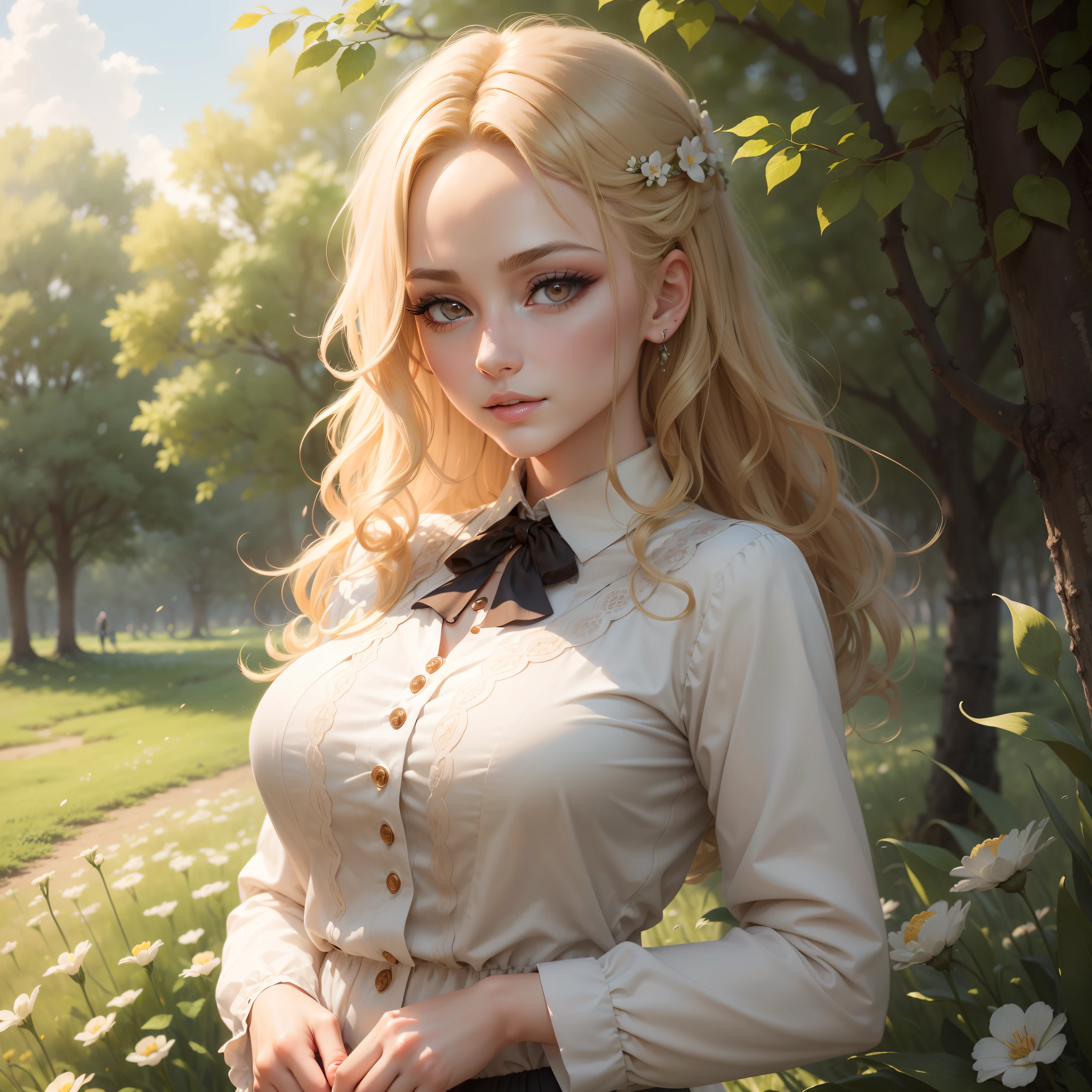 (masutepiece:1.2), (Best Quality:1.2), Perfect eyes, Perfect face, Perfect Lighting, 1girl in, Mature woman in the field, medium blonde hair, Curly hair, detailed  clothes, Detailed outdoor background, makeup, eyeshadows, thick eyelashes, Fantasy, Looking at the viewer, spring,Work in the field,