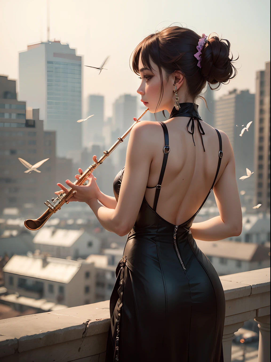 A beautiful woman playing a flute, music notes all around her, (flying music notes:1.4), (from behind:1.3), looking at the camera