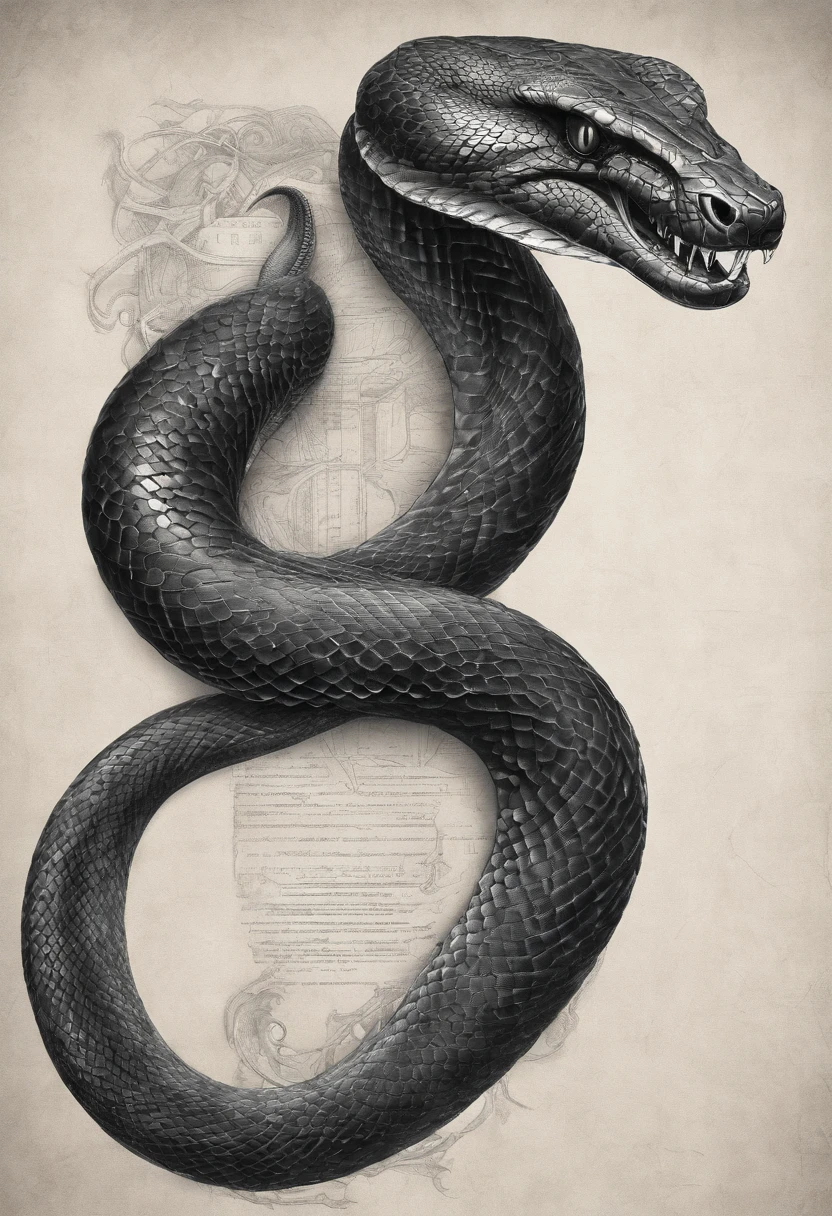 Animal Cobra Escura, dragon head snake body, perfil, corpo formato meia-lua, body letter format ̈C ̈ detailed hyperrealism, foto de perfil, corpo no ar