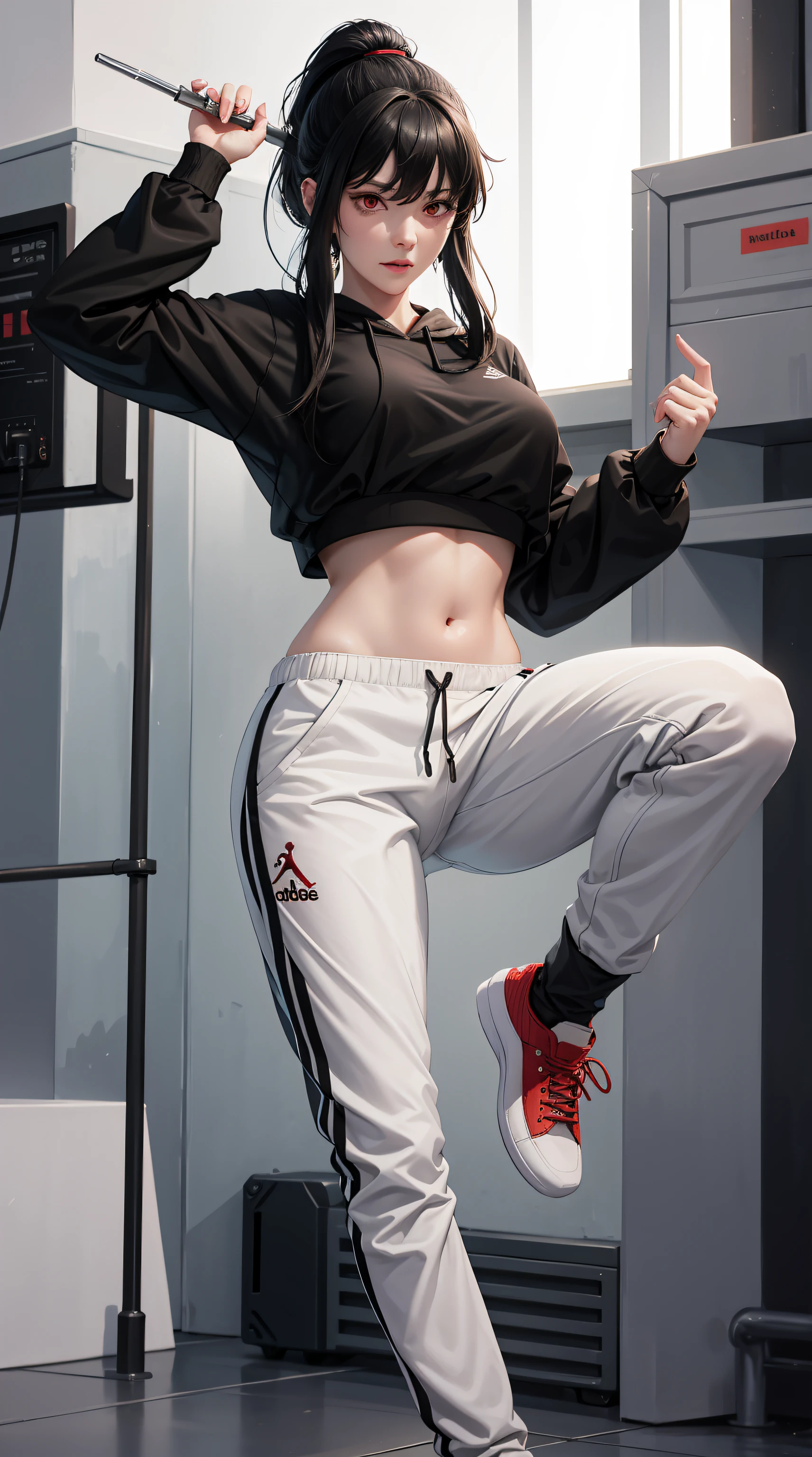 aayorf, red eyes, black hair, long hair, ponytail, ponytail, beautiful woman, beautiful, perfect body, perfect breasts, wearing a white Adidas hoodie, black jogger pants, wearing white Nike Jordan shoes, in the gym, barbell, looking at the audience , little smile, realism, masterpiece, textured skin, super detailed, high detail, high quality, best quality, 1080p, 16k