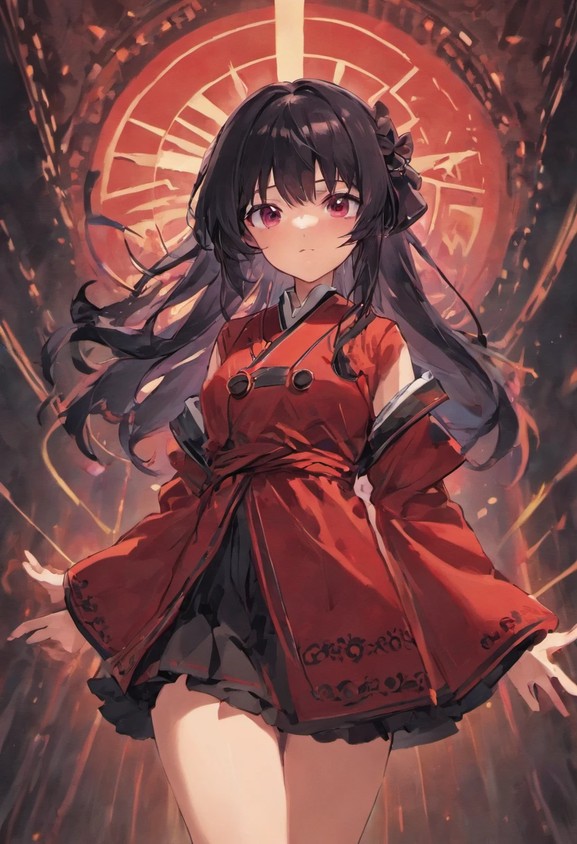 Two-dimensional style Loli body type Wearing solemn clothing similar to a robe Black hair, long hair, red eyes, the main color of the costume is dark red and black, weak qi