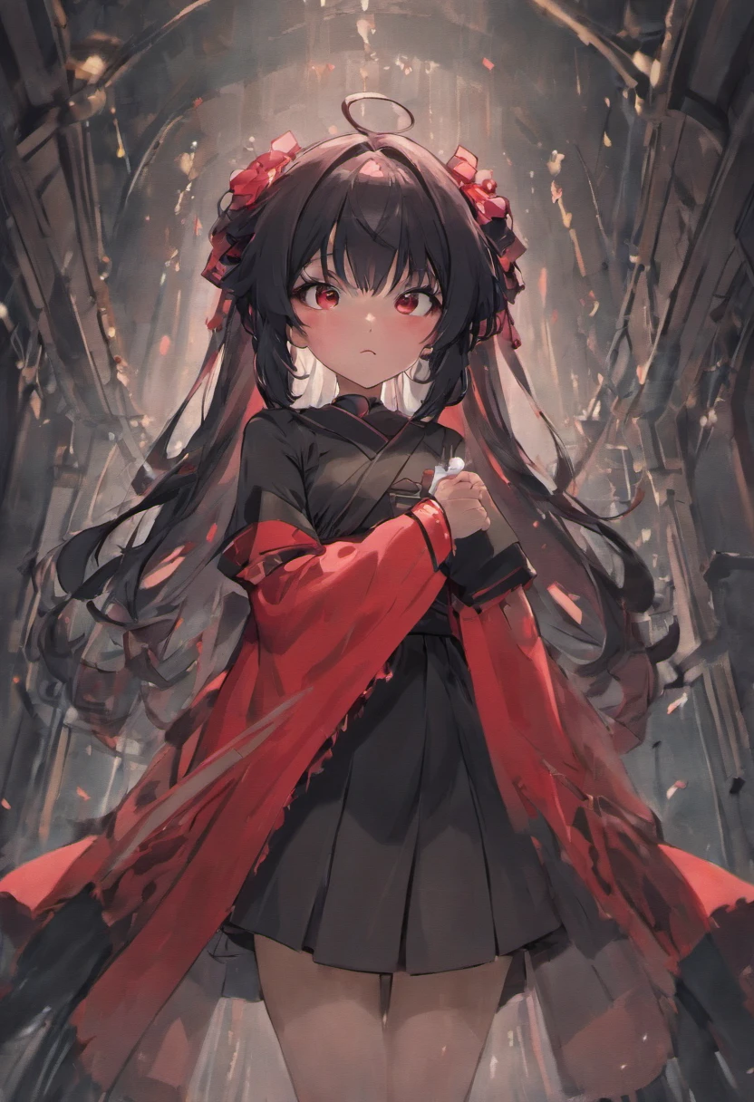 Two-dimensional style body type Wearing solemn clothing similar to a robe Black hair, long hair, red eyes, the main color of the costume is dark red and black, weak qi