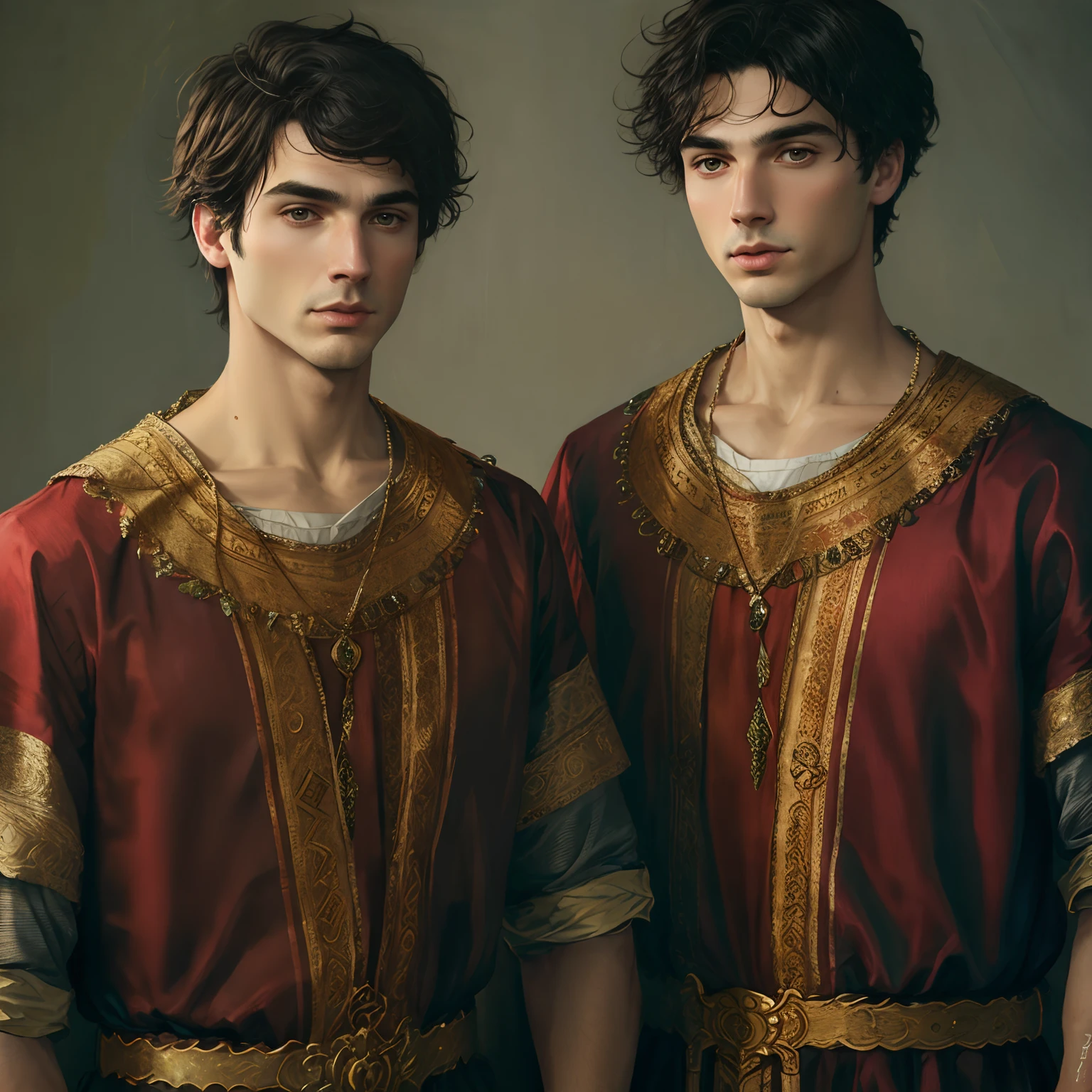 Two men in red and gold clothes standing next to each other, vestidos com roupas romanas, Petros e Leonid, beautiful gemini twins portrait, beautiful male twins portrait, inspirado em Romano Vio, em alto estilo renascentista, joseph and joseph, pre - raphaelite brotherhood, em estilo renascentista, Darius Zawadzki e Tom Bagshaw, pintura digital renascentista