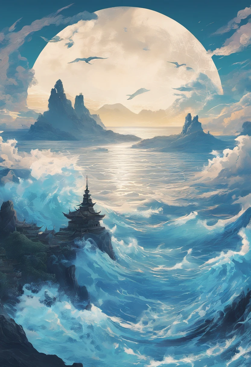 China-style,Chinese mythology,Xuanwu,Longhorn faucet,Turtle body,Heavy tortoiseshell shell,The tail of the snake grows out,has horns on its head,tosen,Ferocious,gargantuan,The eyes glow blue light,the sea,Huge waves,surrounded by cloud,中景 the scene is,Full body like, highly detailed surreal vfx,oc rendered, - AR 16:9 --q 2 --s 1000