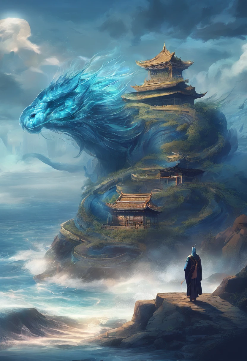 China-style，Chinese mythology，Xuanwu，Longhorn faucet，Turtle body，Heavy tortoiseshell shell，The tail of the snake grows out，has horns on its head，tosen，Ferocious，gargantuan，The eyes glow blue light，the sea，Huge waves，surrounded by cloud，中景 the scene is，Full body like， highly detailed surreal vfx，oc rendered， - AR 16:9 --q 2 --s 1000