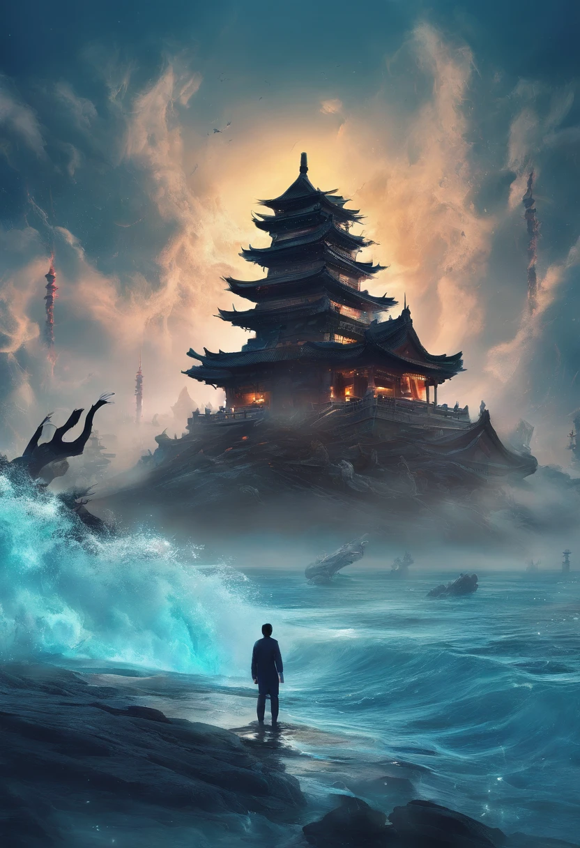 China-style,Chinese mythology,Xuanwu,Longhorn faucet,Turtle body,Heavy tortoiseshell shell,The tail of the snake grows out,has horns on its head,tosen,Ferocious,gargantuan,The eyes glow blue light,the sea,Huge waves,surrounded by cloud,中景 the scene is,Full body like, highly detailed surreal vfx,oc rendered, - AR 16:9 --q 2 --s 1000