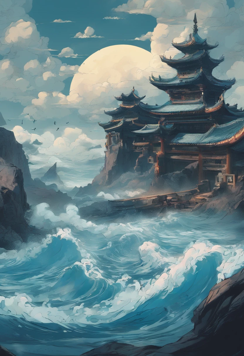 China-style,Chinese mythology,Xuanwu,Longhorn faucet,Turtle body,Heavy tortoiseshell shell,The tail of the snake grows out,has horns on its head,tosen,Ferocious,gargantuan,The eyes glow blue light,the sea,Huge waves,surrounded by cloud,中景 the scene is,Full body like, highly detailed surreal vfx,oc rendered, - AR 16:9 --q 2 --s 1000