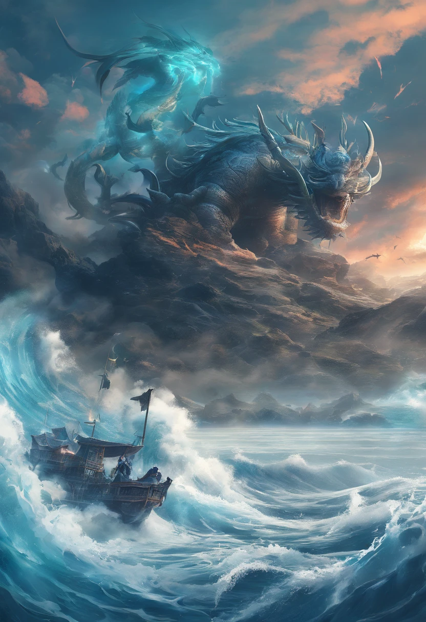 China-style，Chinese mythology，Xuanwu，Longhorn faucet，Turtle body，Heavy tortoiseshell shell，The tail of the snake grows out，has horns on its head，tosen，Ferocious，gargantuan，The eyes glow blue light，the sea，Huge waves，surrounded by cloud，中景 the scene is，Full body like， highly detailed surreal vfx，oc rendered， - AR 16:9 --q 2 --s 1000