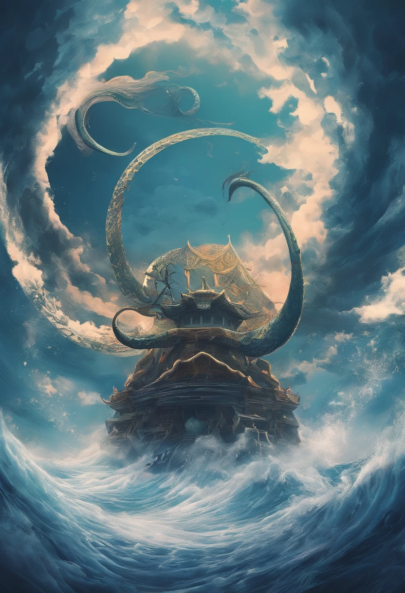 China-style，Chinese mythology，Xuanwu，Longhorn faucet，Turtle body，Heavy tortoiseshell shell，The tail of the snake grows out，has horns on its head，tosen，Ferocious，gargantuan，The eyes glow blue light，the sea，Huge waves，surrounded by cloud，中景 the scene is，Full body like， highly detailed surreal vfx，oc rendered， - AR 16:9 --q 2 --s 1000