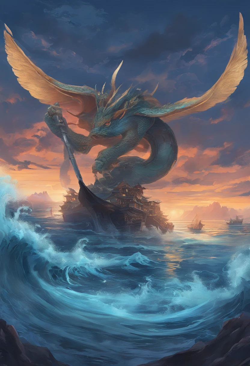 China-style,Chinese mythology,Xuanwu,Longhorn faucet,Turtle body,Heavy tortoiseshell shell,The tail of the snake grows out,has horns on its head,tosen,Ferocious,gargantuan,The eyes glow blue light,the sea,Huge waves,surrounded by cloud,中景 the scene is,Full body like, highly detailed surreal vfx,oc rendered, - AR 16:9 --q 2 --s 1000