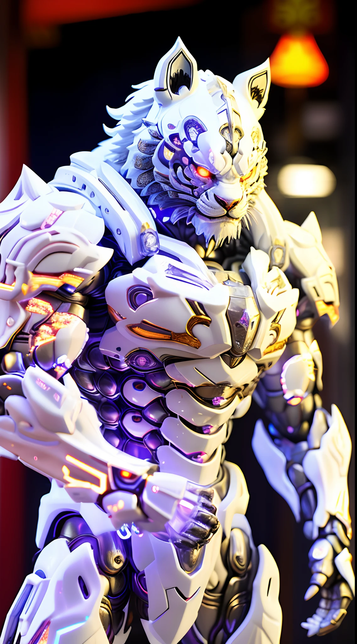 CHINESE WHITE TIGER, TIGER HEAD, HEAVY CRYSTAL ARMOR, TRANSPARANT, MUSCLE BODY.