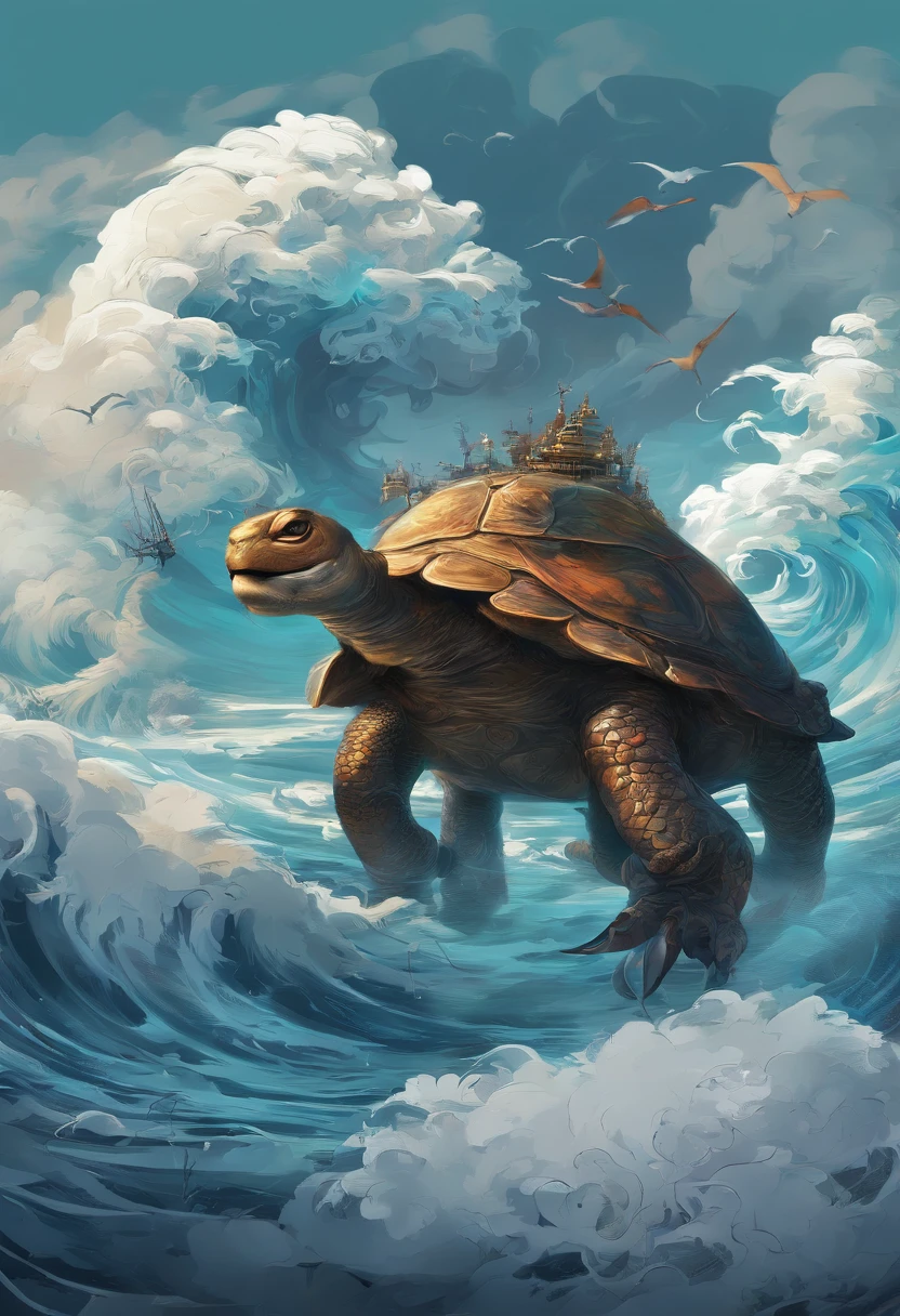 China-style,Chinese mythology,Xuanwu,Longhorn faucet,Turtle body,Heavy tortoiseshell shell,The tail of the snake grows out,has horns on its head,tosen,Ferocious,gargantuan,The eyes glow blue light,the sea,Huge waves,surrounded by cloud,中景 the scene is,Full body like, highly detailed surreal vfx,oc rendered, - AR 16:9 --q 2 --s 1000