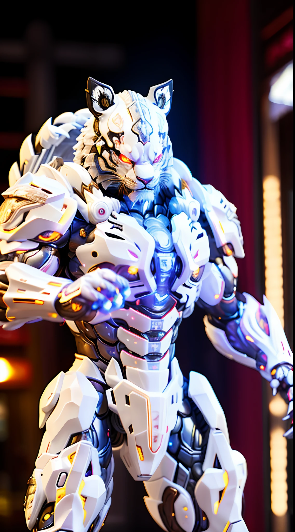 CHINESE WHITE TIGER, TIGER HEAD, HEAVY CRYSTAL ARMOR, TRANSPARANT, MUSCLE BODY.