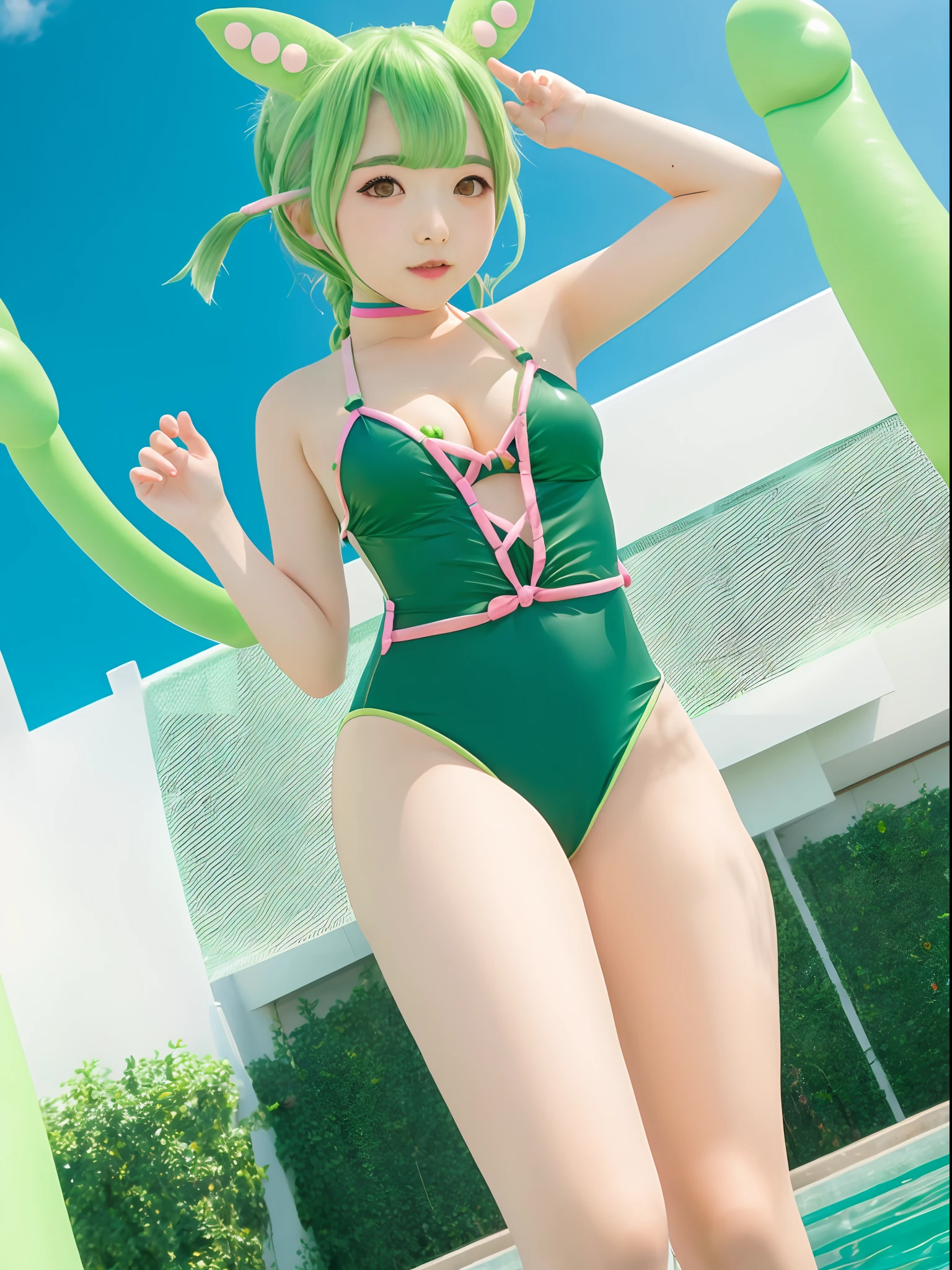 masterpiece, best quality, original characters,1girl,solo,Zundamon 、Green hair、Edamame ears、swim wears