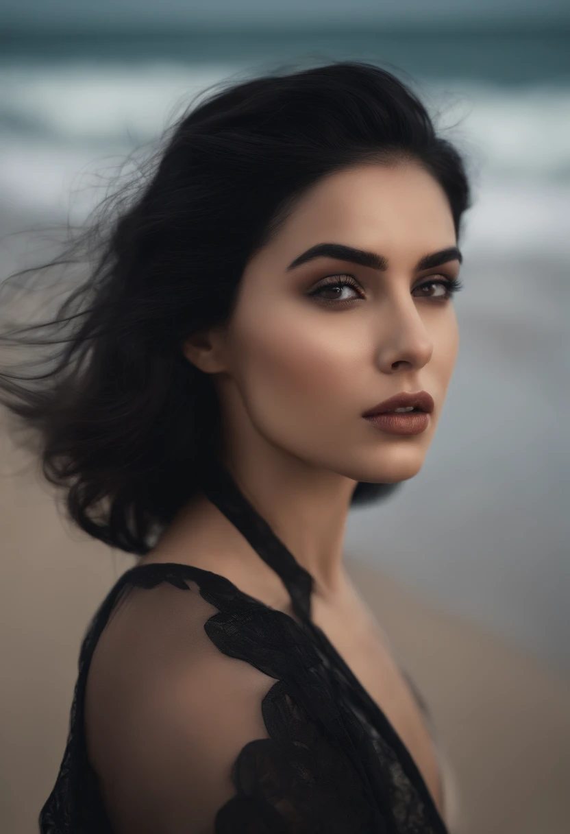 There is a young woman, with black hair, staring to the side, with gloomy air, masterpiece, best quality, realistic, [thick eyebrows], portrait, extremely detailed face, black hair, (short hair), on beach