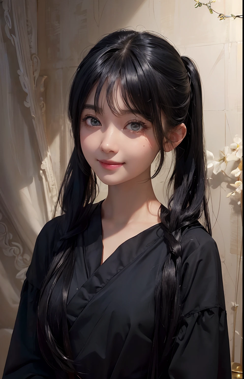 Master quality, highest quality, best picture quality, exaggerated details, a cute 8 year old asian little girl with a shy expression, slightly squinted eyes, adjusting her hair, long eyelashes (long hair / very, very exaggerated big breasts _ tits / in hanfu chinese luxury), posing in front of the camera, wet throught