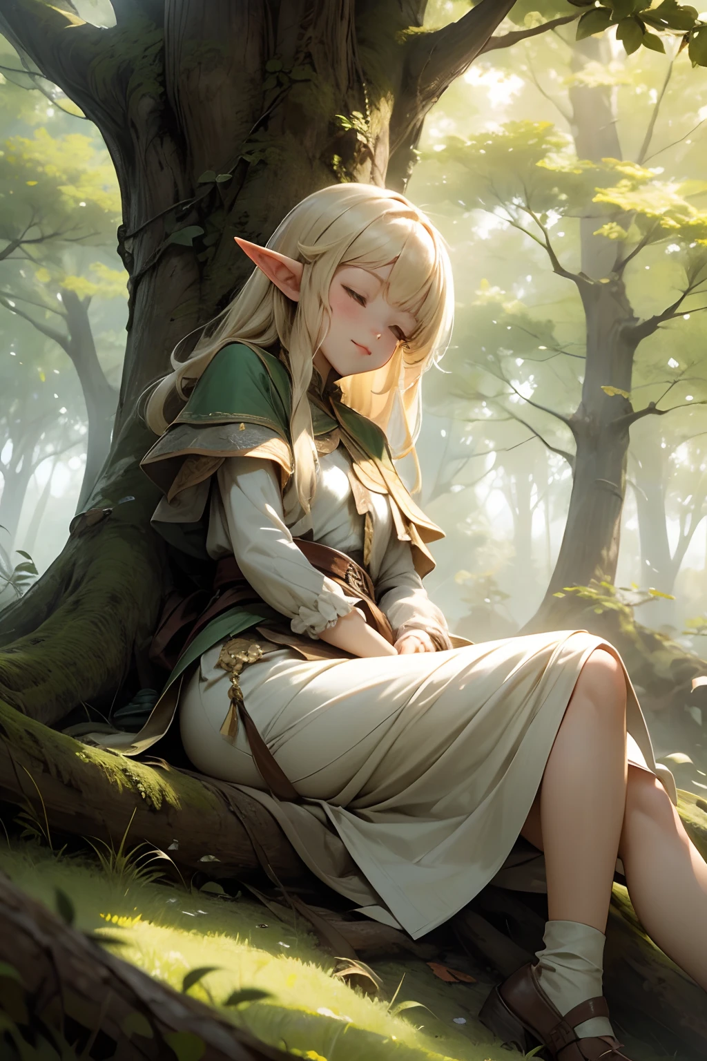 longshot、A very young elf girl napping under a tree in the forest、Beautuful Women、smil、blond hair、