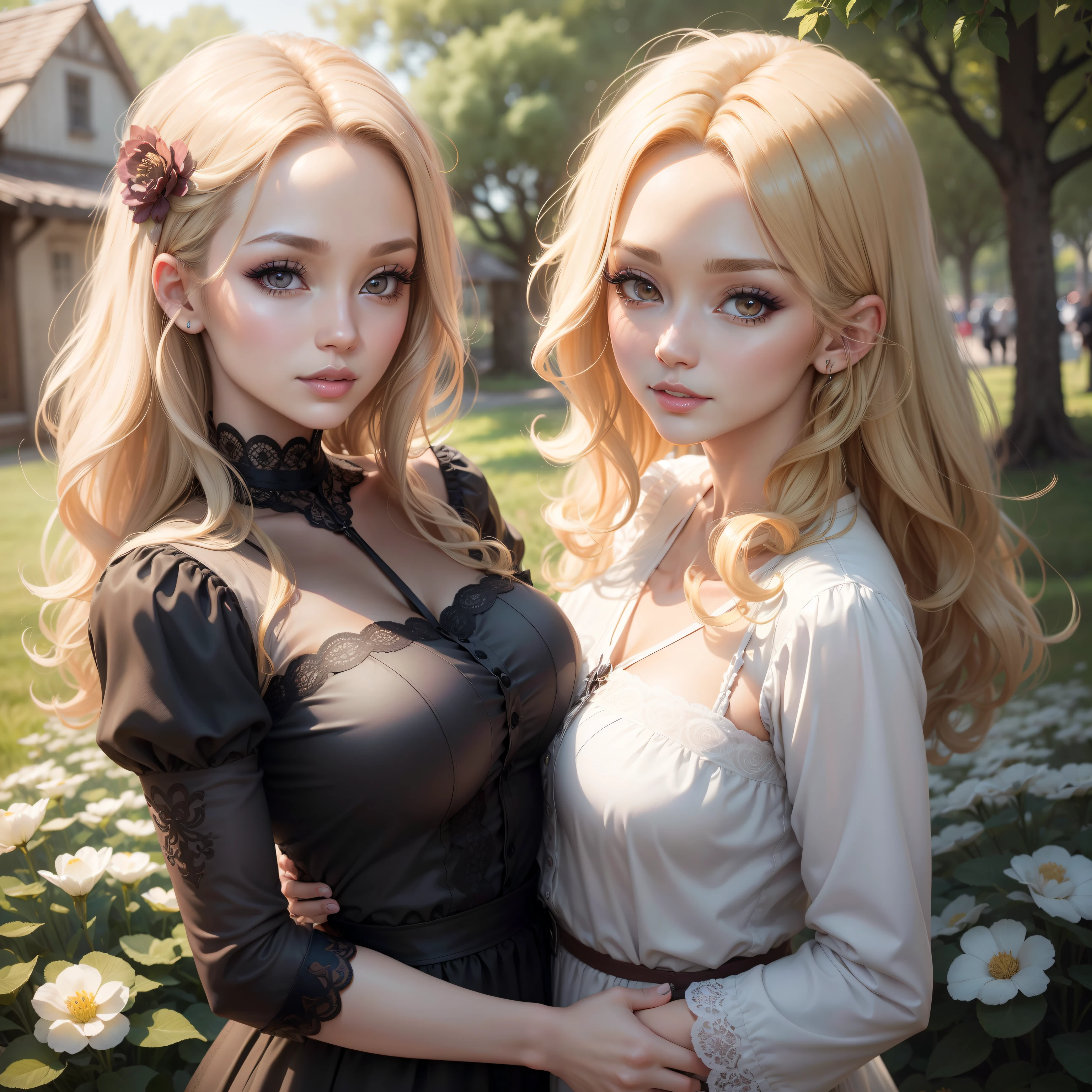 (masutepiece:1.2), (Best Quality:1.2), Perfect eyes, Perfect face, Perfect Lighting, 1girl in, Mature woman in the field, medium blonde hair, Curly hair, detailed clothes, Detailed outdoor background, makeup, eyeshadows, thick eyelashes, Fantasy, Looking at the viewer, spring