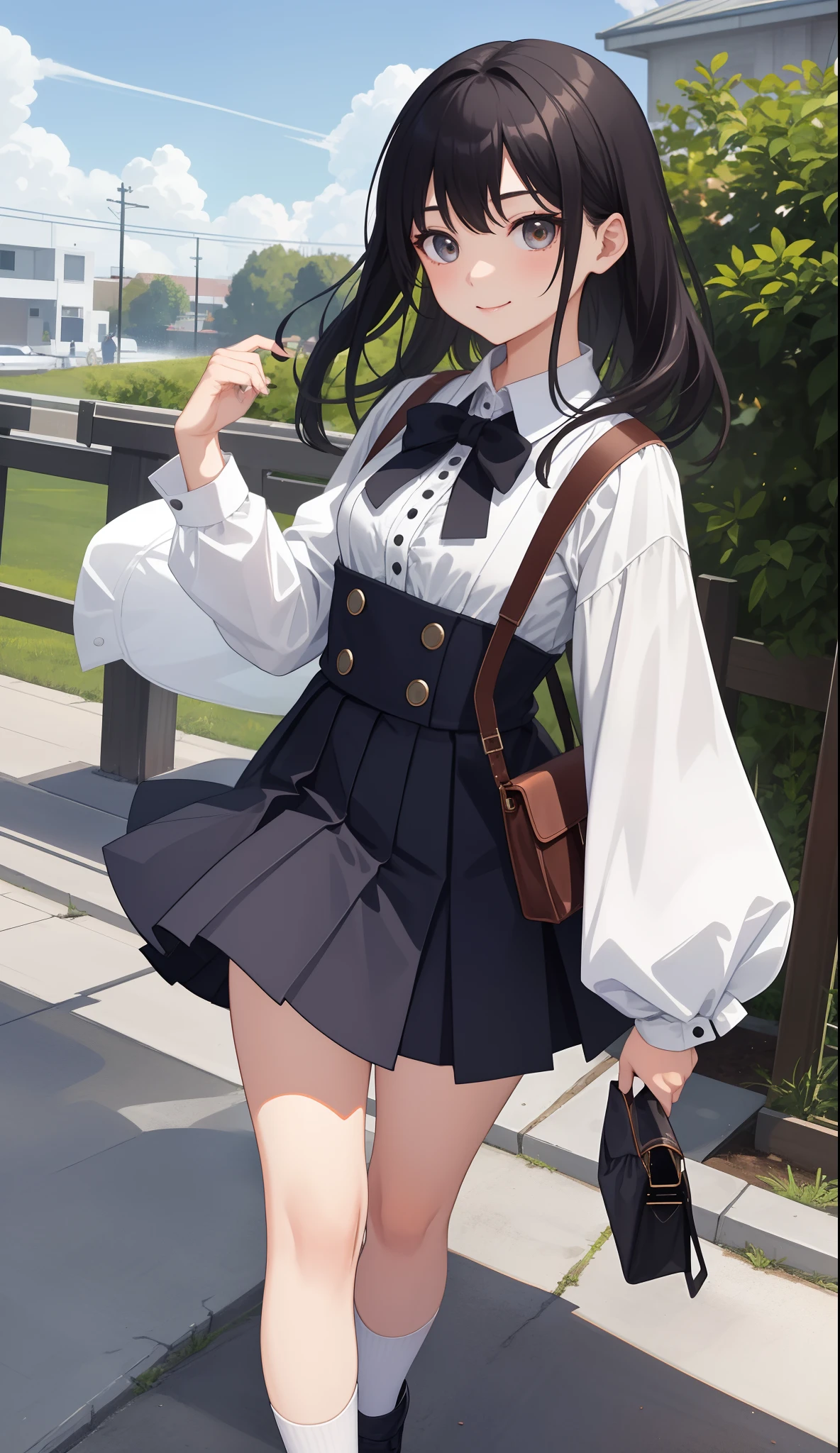 1girl in、AS-Adult、A smile、The shirt、skirt by the、(small tits)、doress、pinafore、hair adornments、(Maids)、Walking with a thigh、Upper body portrait、
