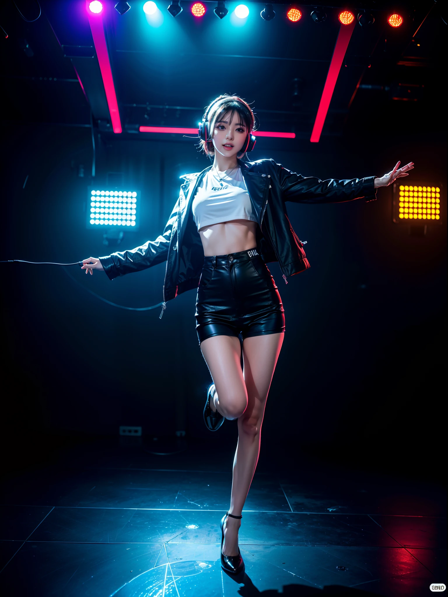(best quality,4k,8k,highres,masterpiece:1.2),ultra-detailed,(realistic,photorealistic,photo-realistic:1.37),A girl DJ with musical instruments, wearing a full body coat, vibrant colors,studio lighting,bokeh,detailed face expression,dynamic pose,futuristic headphones,energetic dance floor,professional equipment,electric atmosphere,dancing crowd,strobing lights in the background,shining stage,sparkling disco ball,playful and lively mood,smoke machine,superb sound system,laser effects,jumping bass,electronic beats,clubbing theme,vivid colors,neon lights.