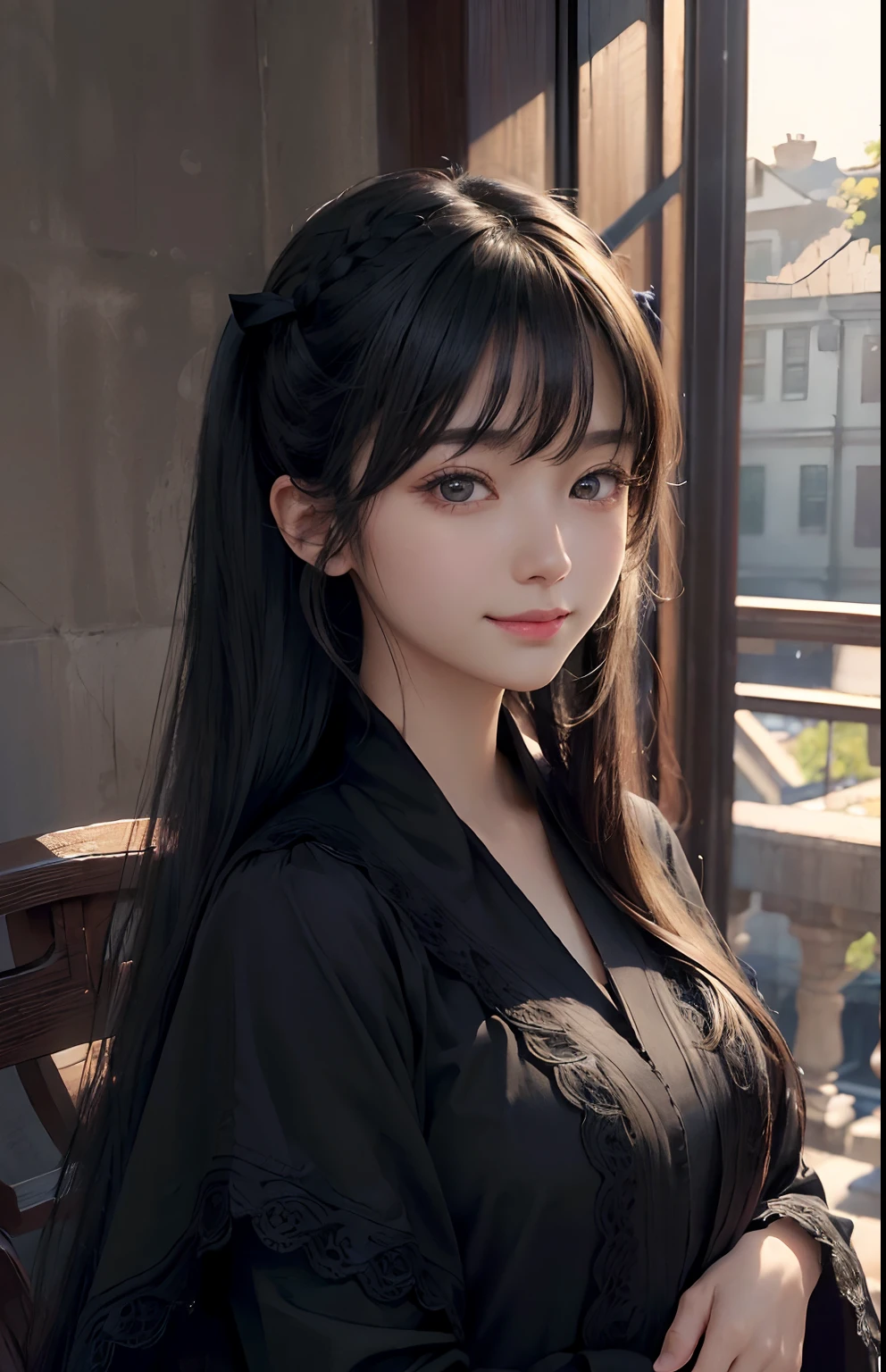 (A hyper-realistic)、(illustratio)、(hight resolution)、(8K)、(ighly detailed)、(Best Illustration)、(beautifully detailed eyes)、(top-quality)、(ultra-detailliert)、(​masterpiece)、(wall-paper）、（A detailed face）、独奏、1 girl in、looking at viewert、fine detailed、A detailed face、in the darkness nigth、deep-shadows、lowkey、pureerosfaceace_v1、a smile、twin-tail hair、Black shawl straight hair、46-point diagonal bangs