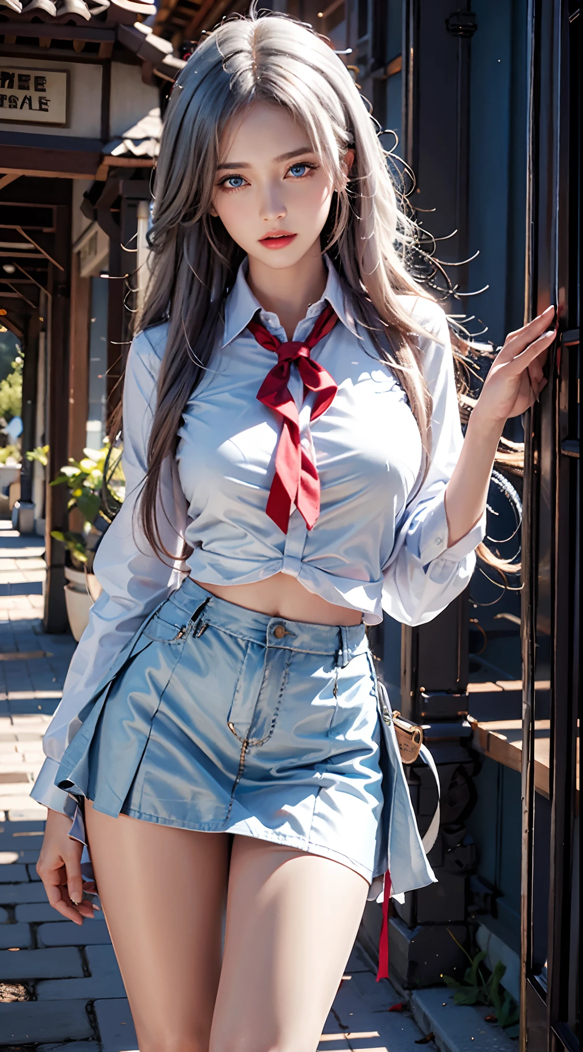 photorealistic, high resolution,masterpiece,best quality,ultra-detailed, 1women, blue eyes, solo, waist up, school uniform, shirt, skirt