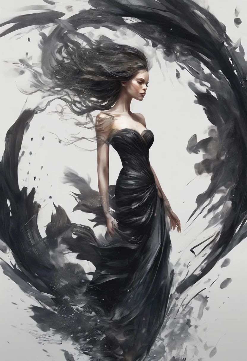 1 inspired woman, dress, dancing, fantasy, abstract (ink sketch, full body shot by Brad Kunkle) wind, energy flow high contrast negative space , full body shot, like in a dream, traditional accessories , traditional jewellery, (best quality, masterpiece), hyperdetailed,8k (dollienobodysd15:0.5) zydink,, ink sketch, (abstract ink splash) dynamic angle, dark background, by james jean