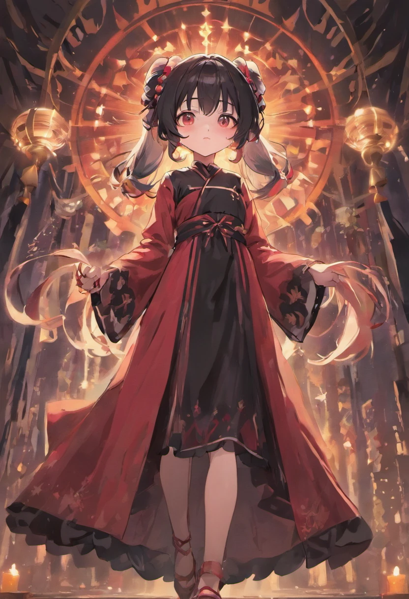 The two-dimensional style loli body type wears a stately garment similar to a robe with black hair, long whitr hair, red - eyed, The main colors of the garment are crimson and black, Weak breath,cat ear,Religious style