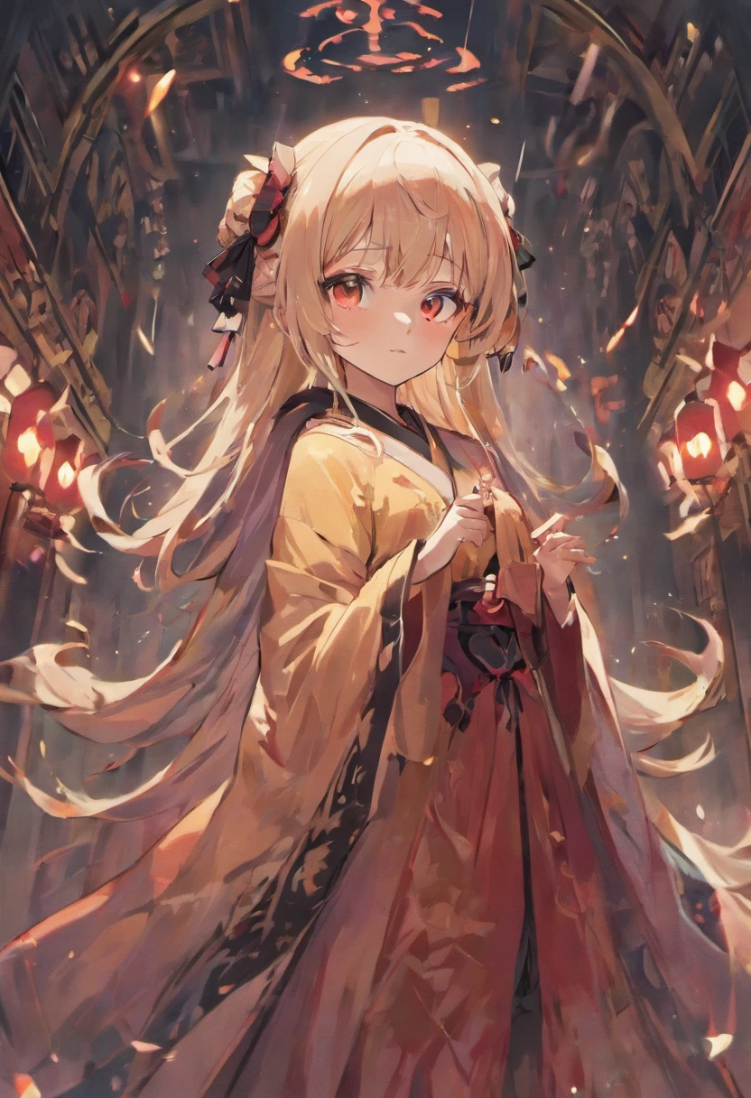 The two-dimensional style loli body type wears a stately garment similar to a robe with black hair, long whitr hair, red - eyed, The main colors of the garment are crimson and black, Weak breath,cat ear,Religious style