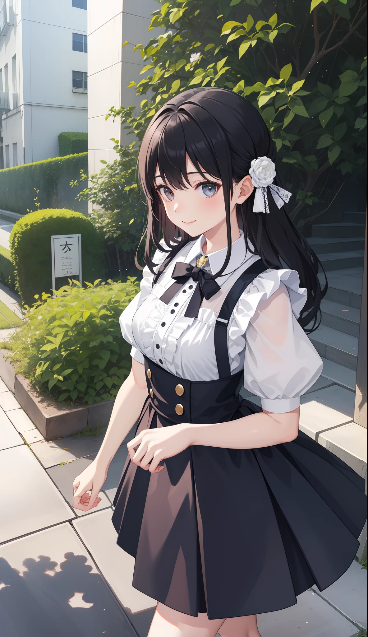 1girl in、AS-Adult、A smile、The shirt、skirt by the、(small tits)、doress、pinafore、hair adornments、(Maids)、Walking with a thigh、Upper body portrait、