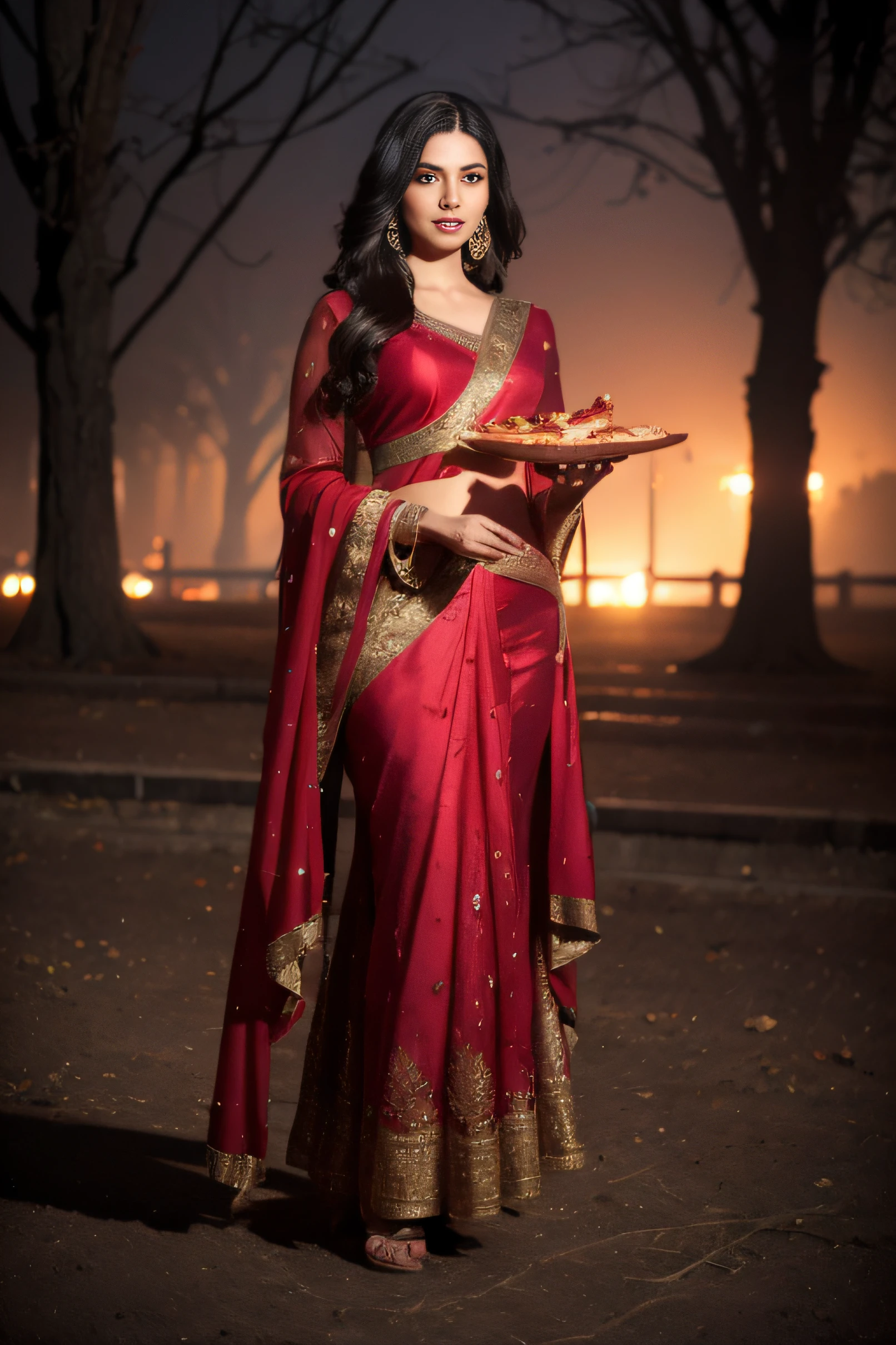 Portrait of A confident-looking indian woman, royal princess with long flowing hair, hazel eyes, wearing plan clothes, facing front, standing position , showing shoe toes, eating pizza, lightning, twilight time, camp fire framing, bokeh, perfect composition, hyperrealistic, super detailed, 8k, high quality, trending art, trending on artstation, sharp focus, photo , intricate details, highly detailed, art by greg rutkowski