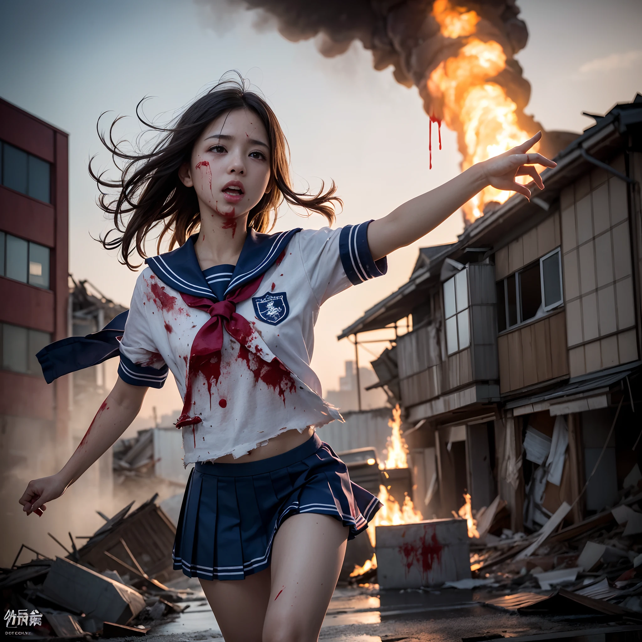 (in 8K、RAW Photos、top-quality、masterpiece:1.2)、(realisitic、Photorealsitic:1.37)、ultra-detailliert、超A high resolution、Giant dragon、Beautiful 15-year-old high school girl in Japan attacked by a giant dragon in devastated Tokyo、terrified expression、School Uniforms、Schoolgirl Uniform、(Torn and dirty tattered sailor suit:1.2)、disheveled clothing、ripped fabric、(Clothes with blood stains:1.2)、Short pleated skirt、(Torn skirt:1.2)、Dirty hair、smudged face、(skin stained with blood or dust,,:1.2)、Running through the rubble、building crumbling、Burning flame、stunningly beautiful face、dynamic ungle、动态照明