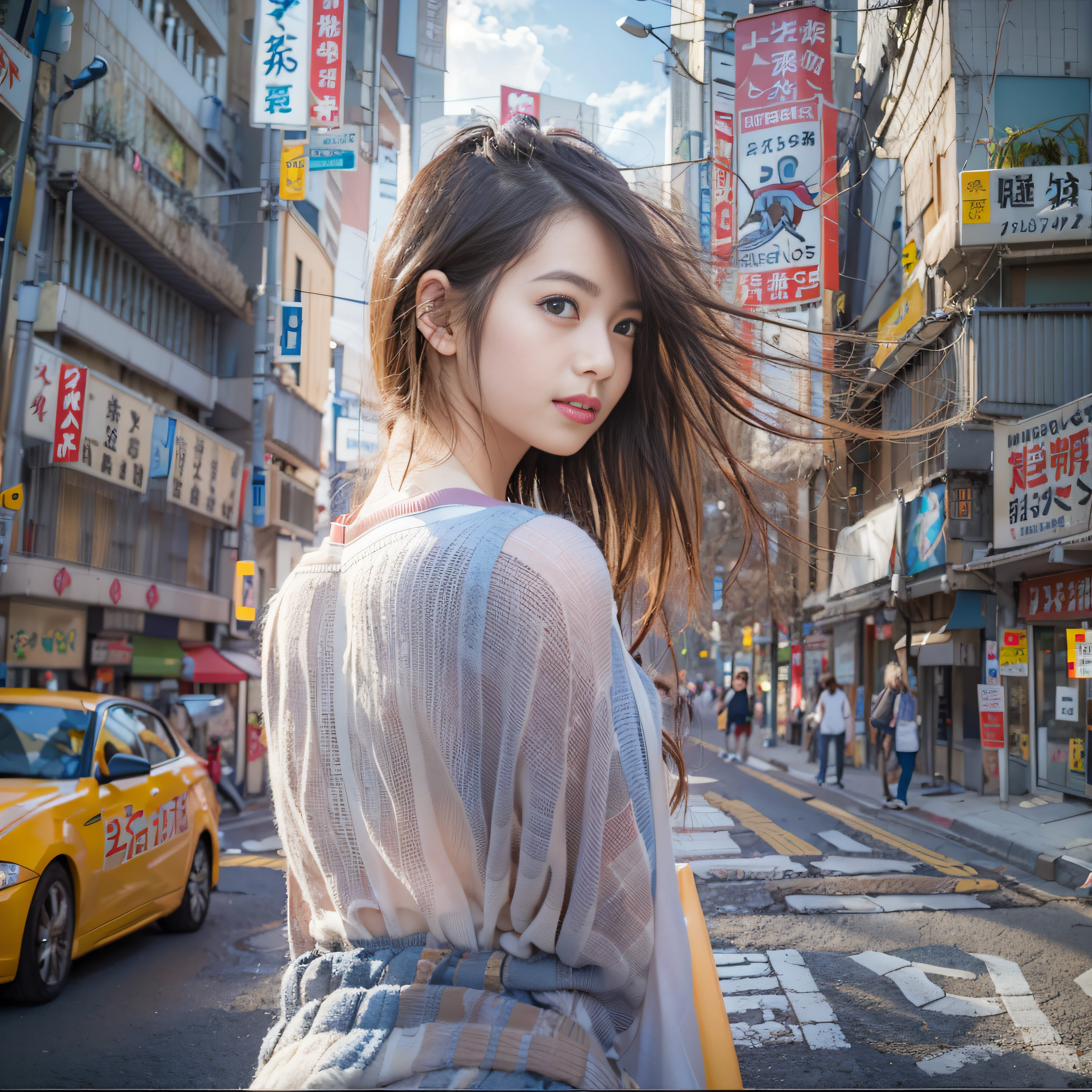 女の子1人、on tokyo street、A city scape、The upper part of the body、a closeup、A smile、、(8K、Raw photography、top-quality、masterpiece:1.2)、(realisitic、photoRealstic:1.37)、Highly detailed eyelash drawing、(((Top image quality))),Colossal tits、Fine skin, (Beautiful hair), (Perfect Anatomy), (Realistic), (Dynamic Angle), Pose Seductive,Perfect,Sensual look、top-quality、hight resolution、