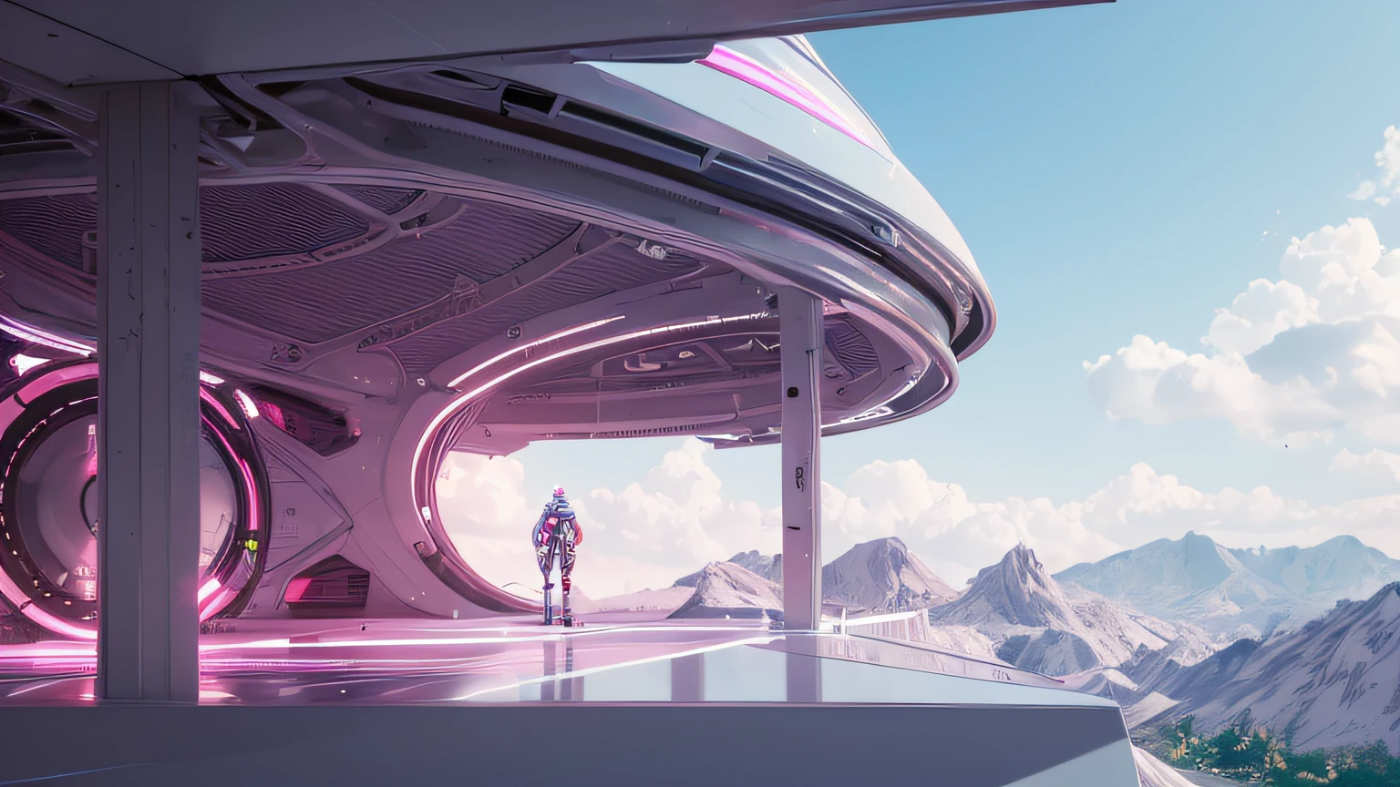 view from a balcony, 80s, Old 90s, 80s, futuristic 80s, White and Pink . a small empty room, with a male robot sitting on the sofa, white and blue. Technological details, futuristic. Music. Speakers. . a muscle robot. Alien structures, A robotic silhouette in the background, A distant robot man. music Alien structures, White and Pink , 8K, Realistic photo, deep color, fantastical, intricate detail, splash screen, complementary colors, 8k resolution trending on Artstation Unreal Engine 5" , Alien structures, music ,